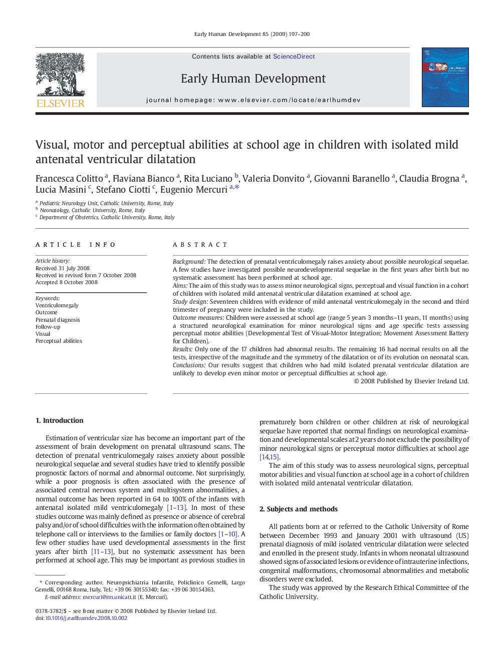 Visual, motor and perceptual abilities at school age in children with isolated mild antenatal ventricular dilatation