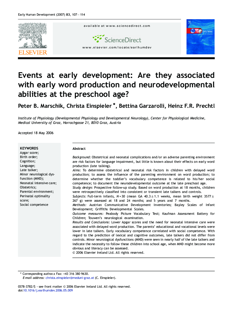 Events at early development: Are they associated with early word production and neurodevelopmental abilities at the preschool age?