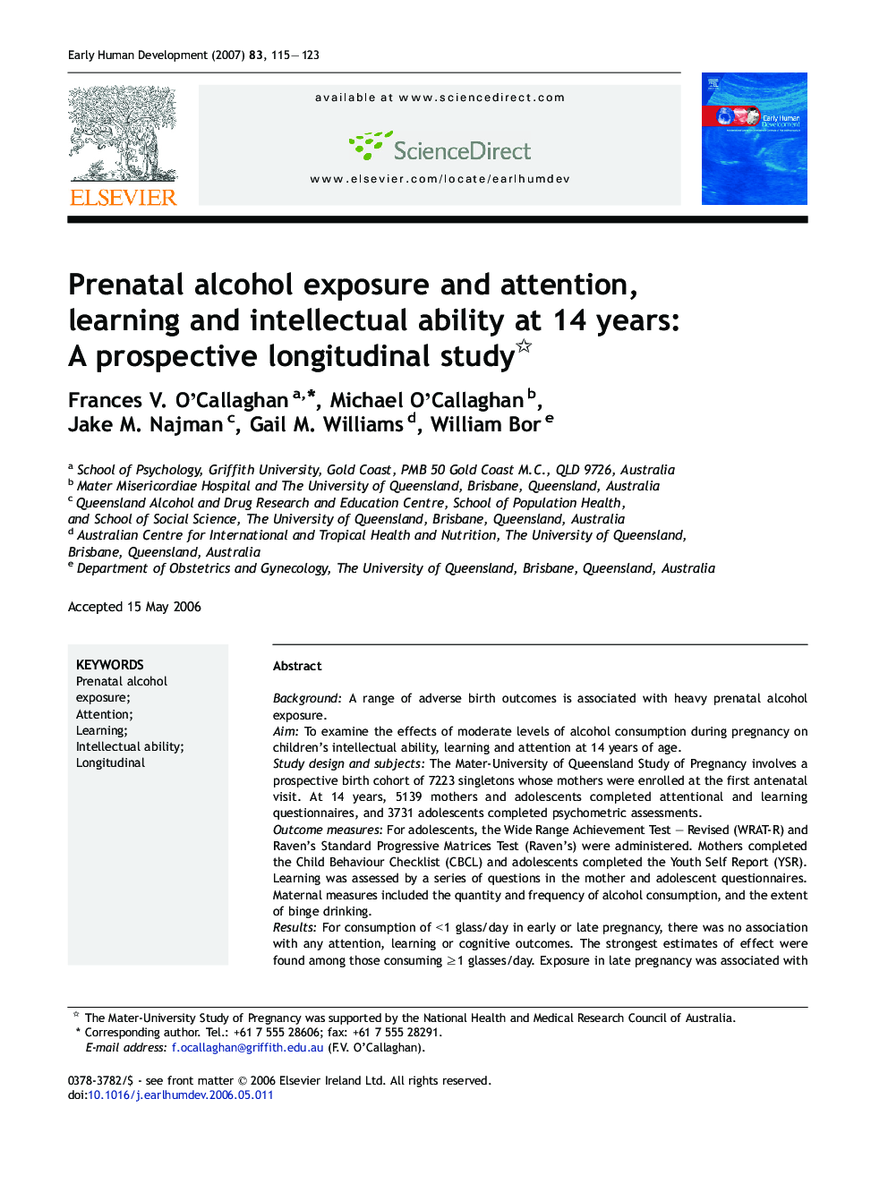 Prenatal alcohol exposure and attention, learning and intellectual ability at 14 years: A prospective longitudinal study 