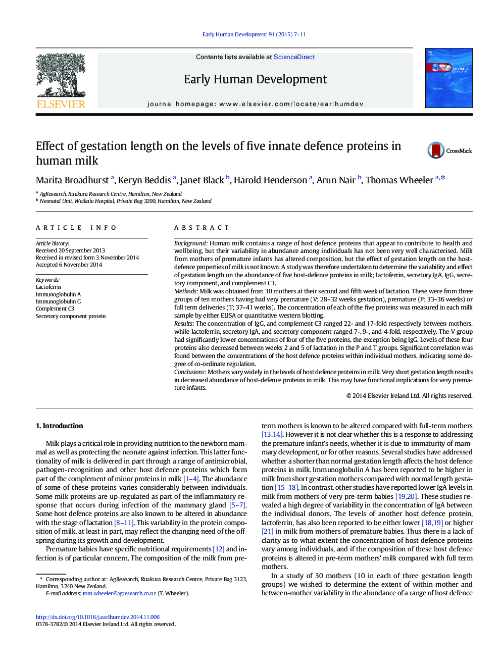 Effect of gestation length on the levels of five innate defence proteins in human milk