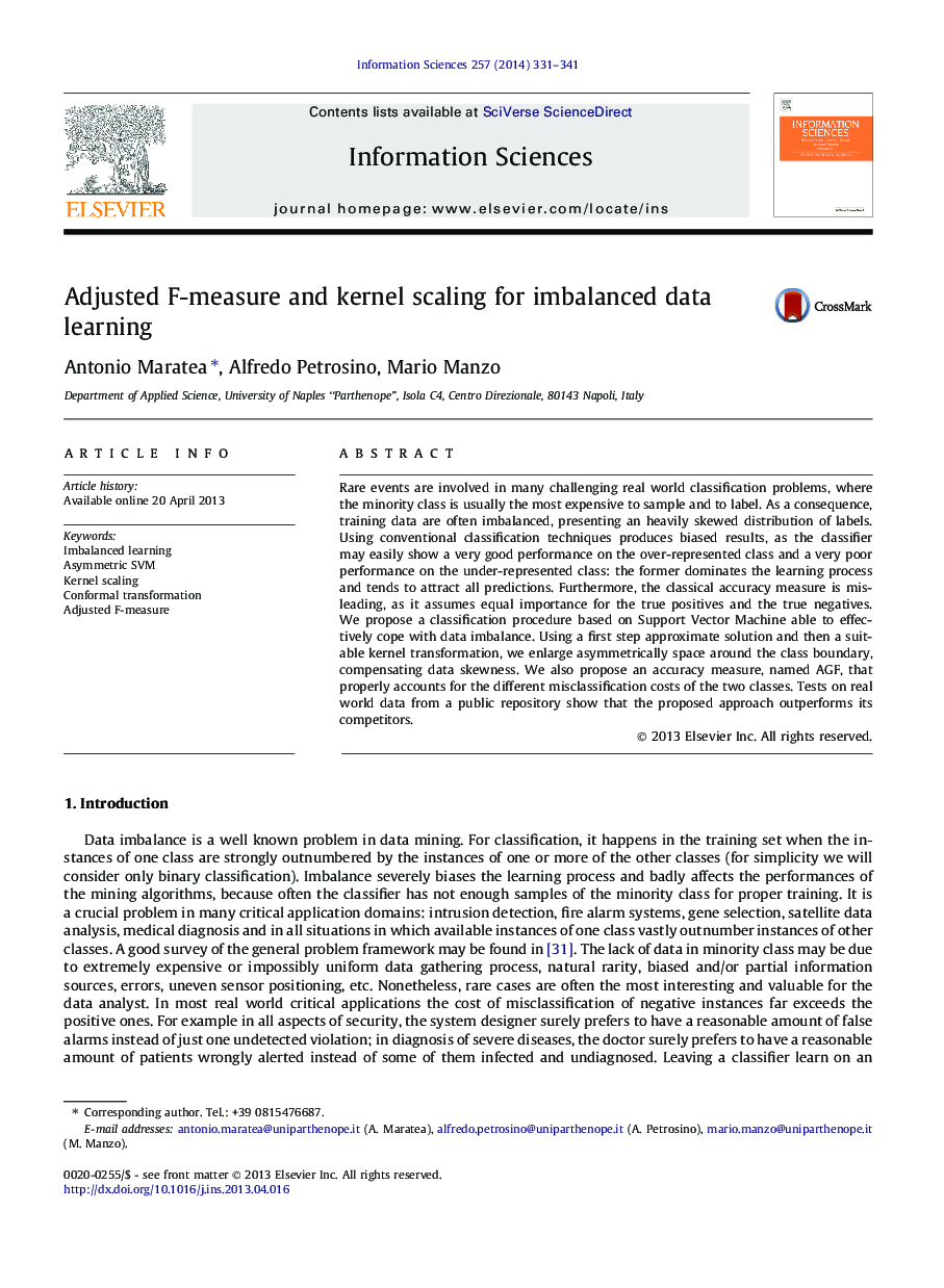 Adjusted F-measure and kernel scaling for imbalanced data learning