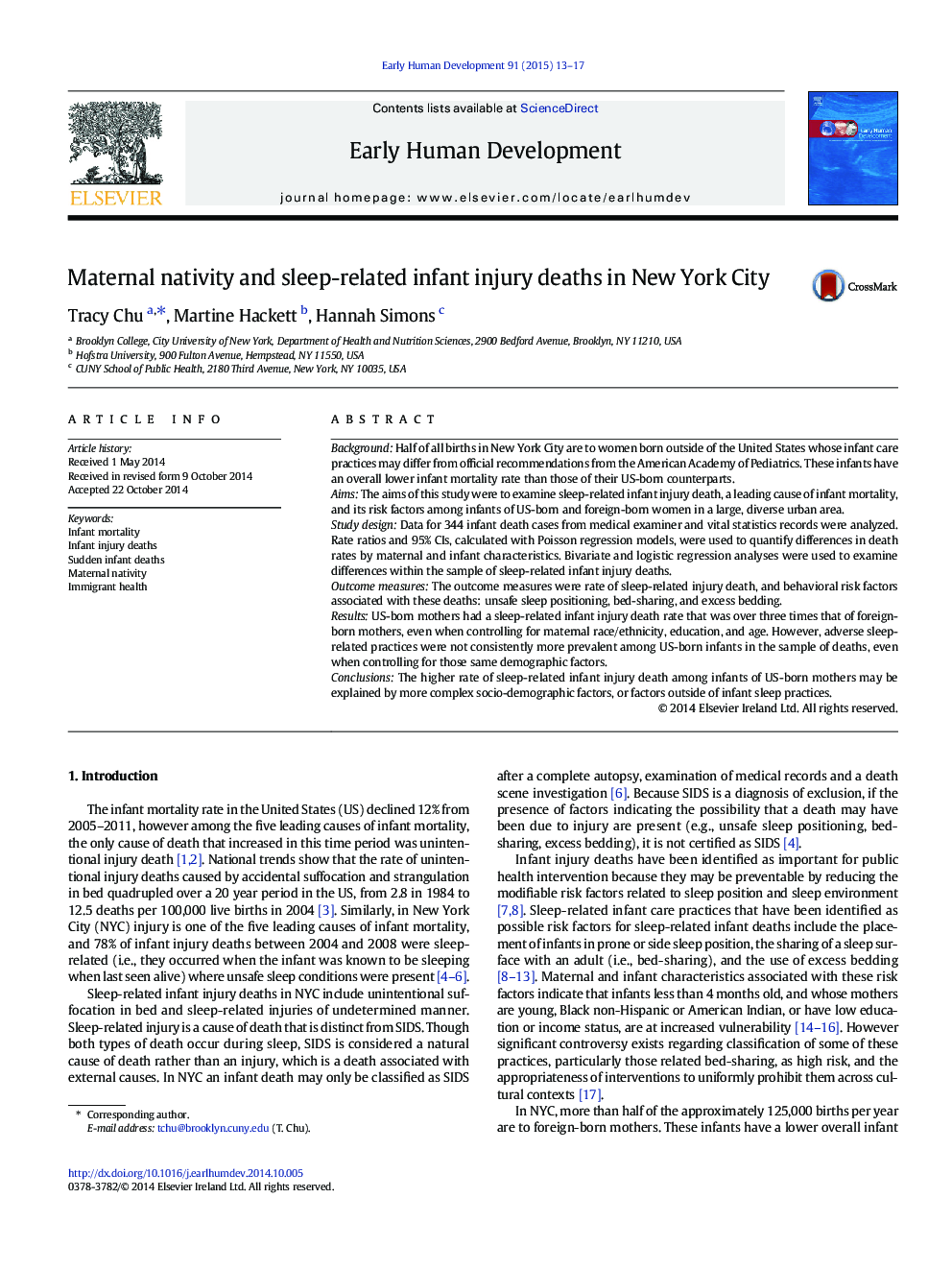 Maternal nativity and sleep-related infant injury deaths in New York City