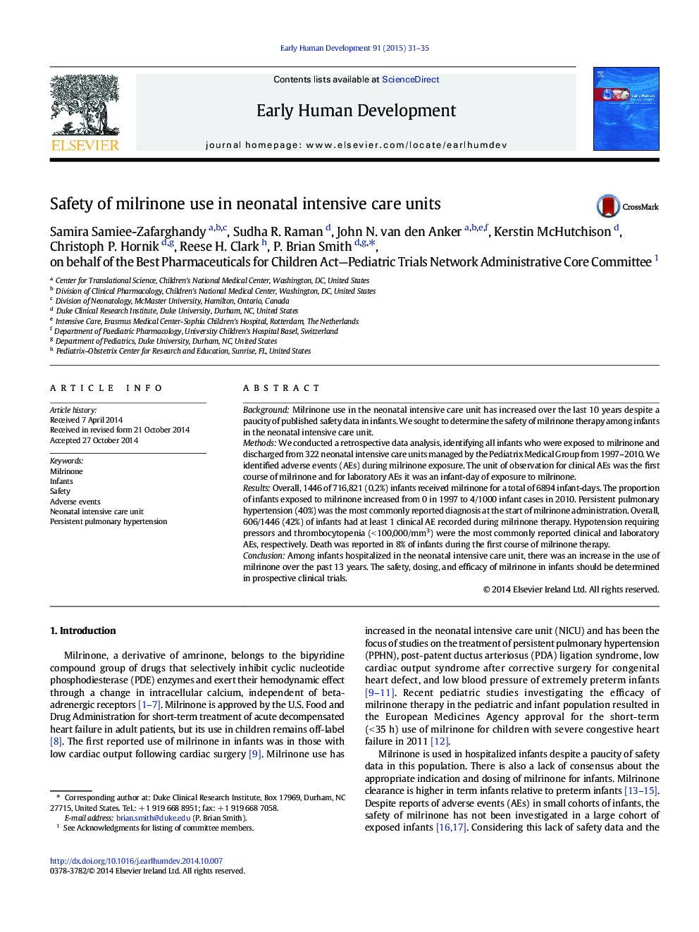 Safety of milrinone use in neonatal intensive care units