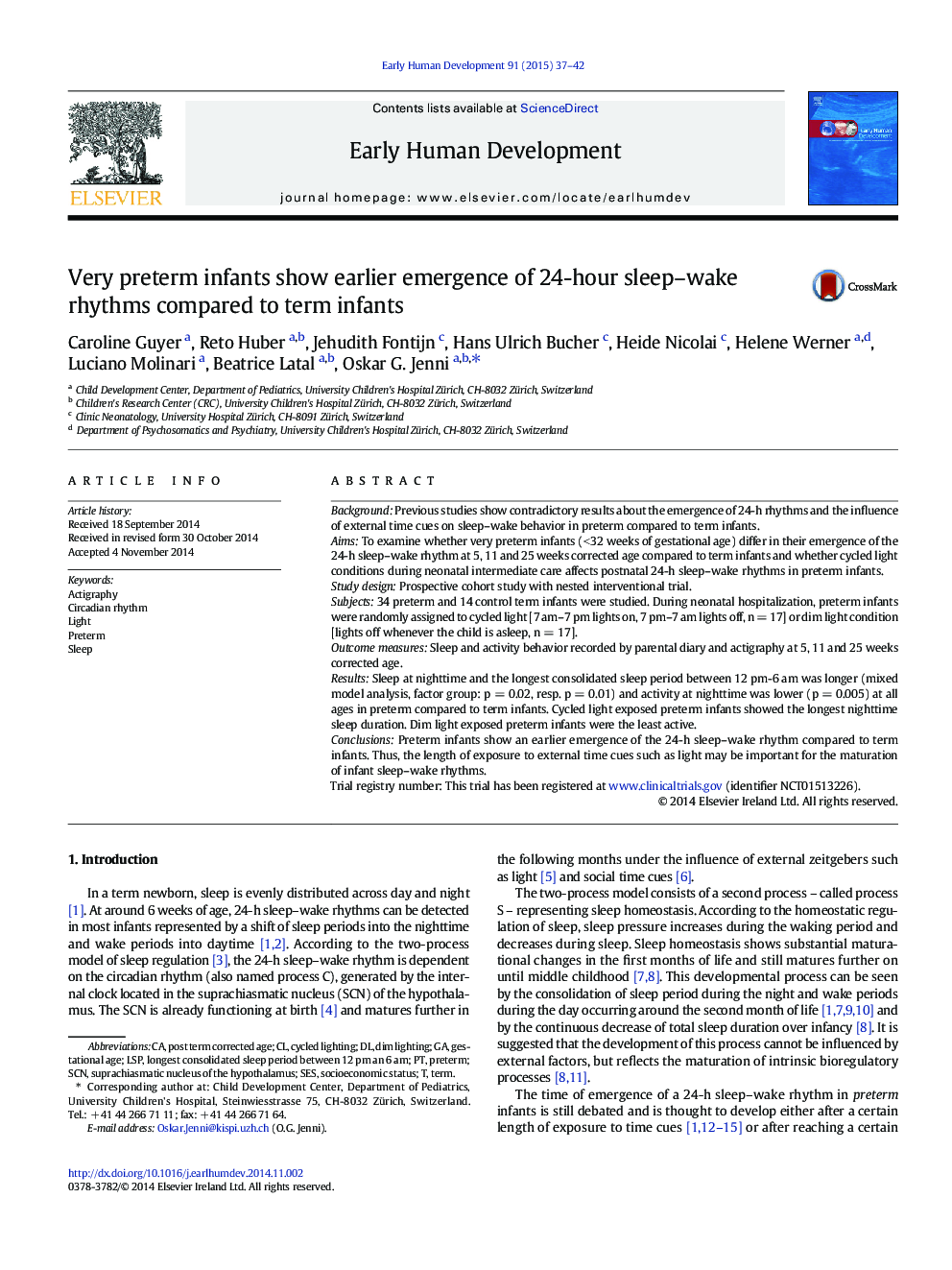 Very preterm infants show earlier emergence of 24-hour sleep–wake rhythms compared to term infants