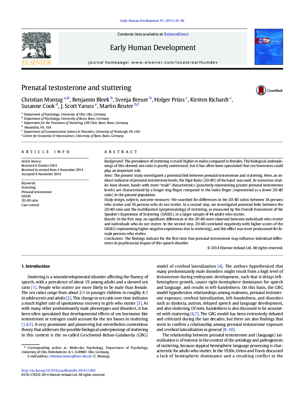 Prenatal testosterone and stuttering