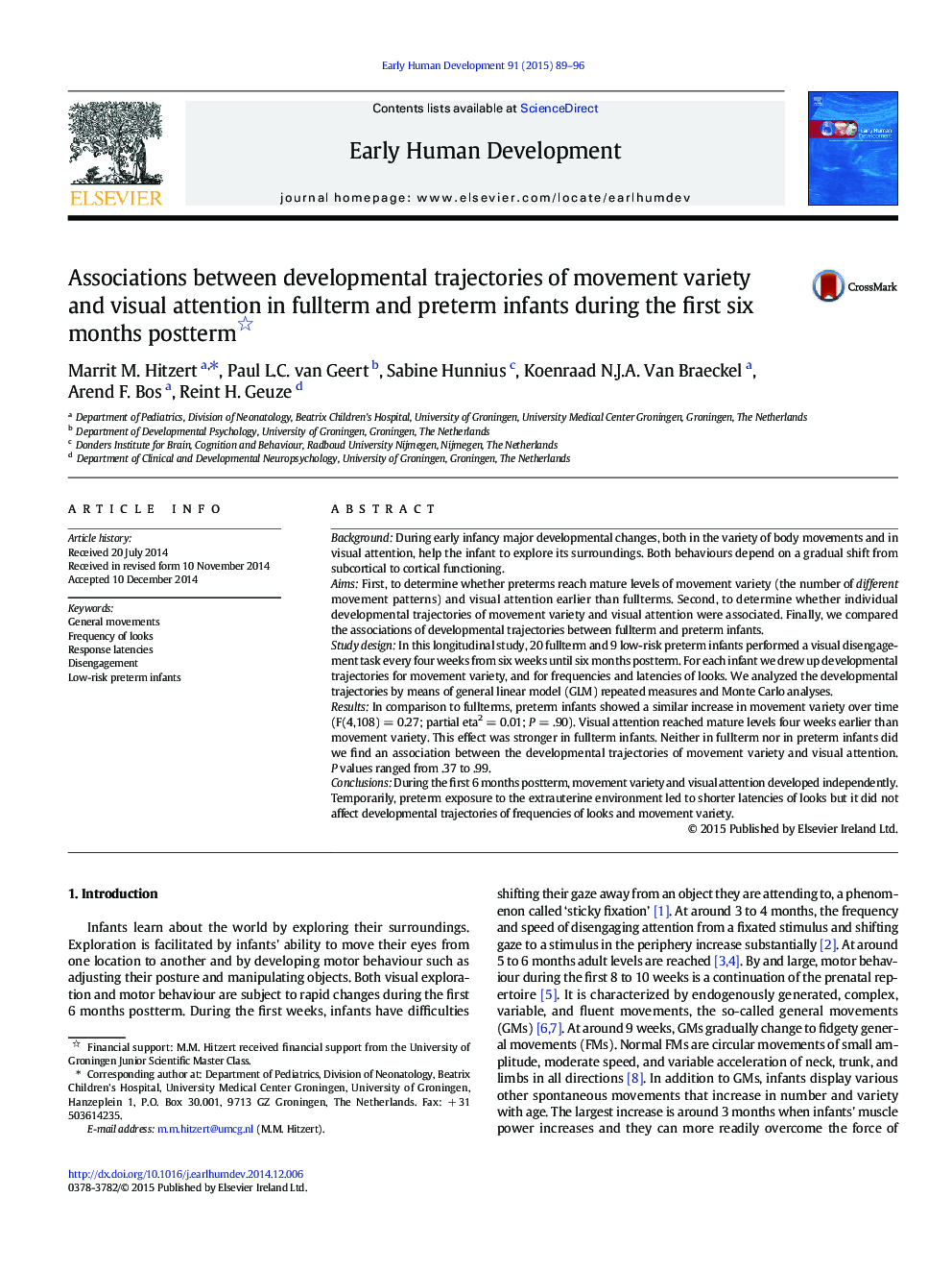 Associations between developmental trajectories of movement variety and visual attention in fullterm and preterm infants during the first six months postterm 