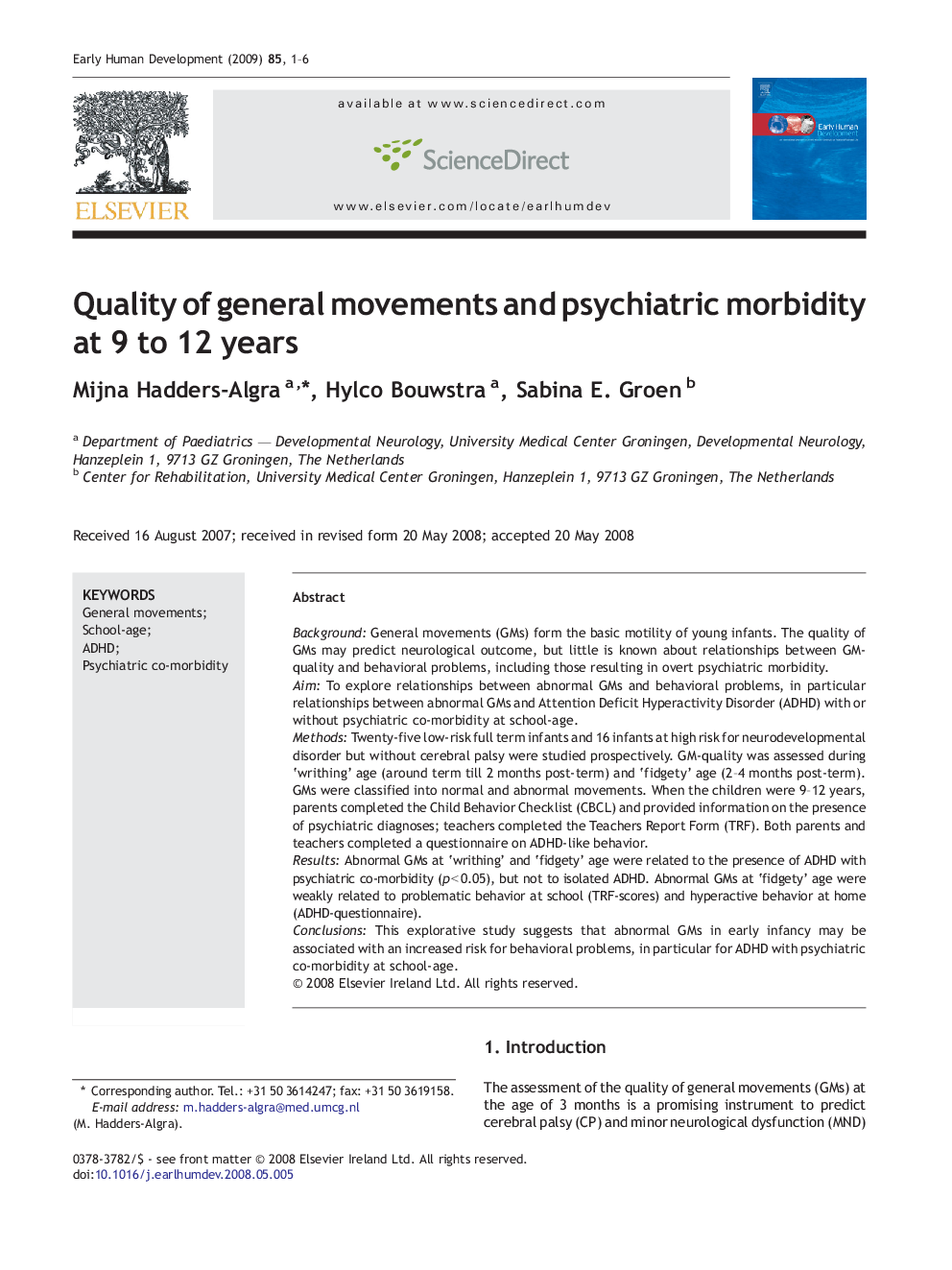 Quality of general movements and psychiatric morbidity at 9 to 12 years