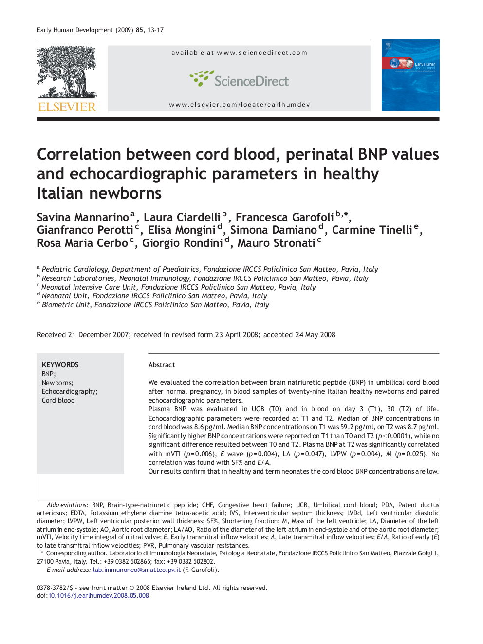 Correlation between cord blood, perinatal BNP values and echocardiographic parameters in healthy Italian newborns