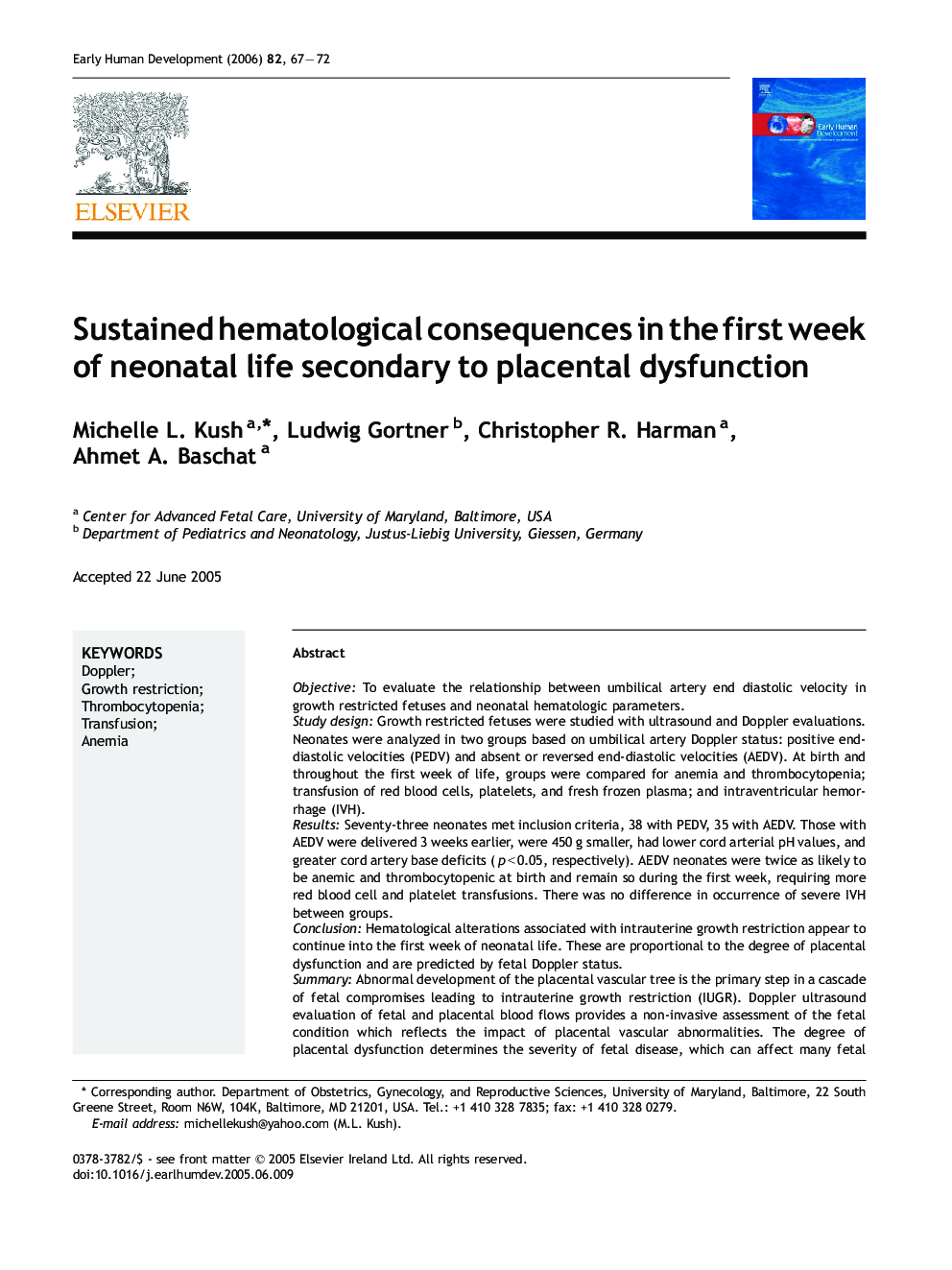 Sustained hematological consequences in the first week of neonatal life secondary to placental dysfunction