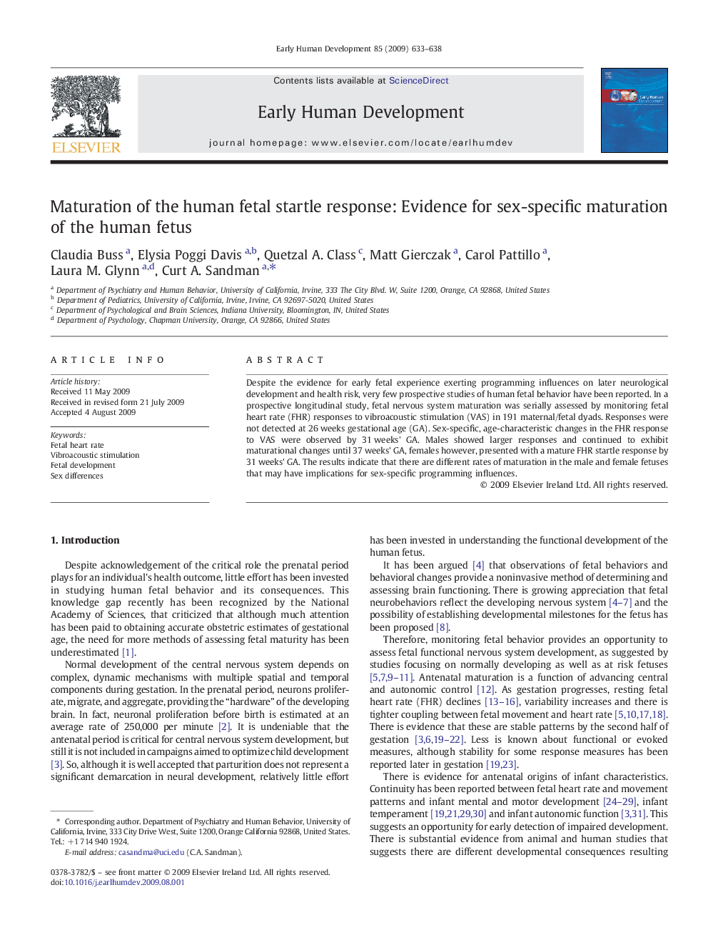 Maturation of the human fetal startle response: Evidence for sex-specific maturation of the human fetus