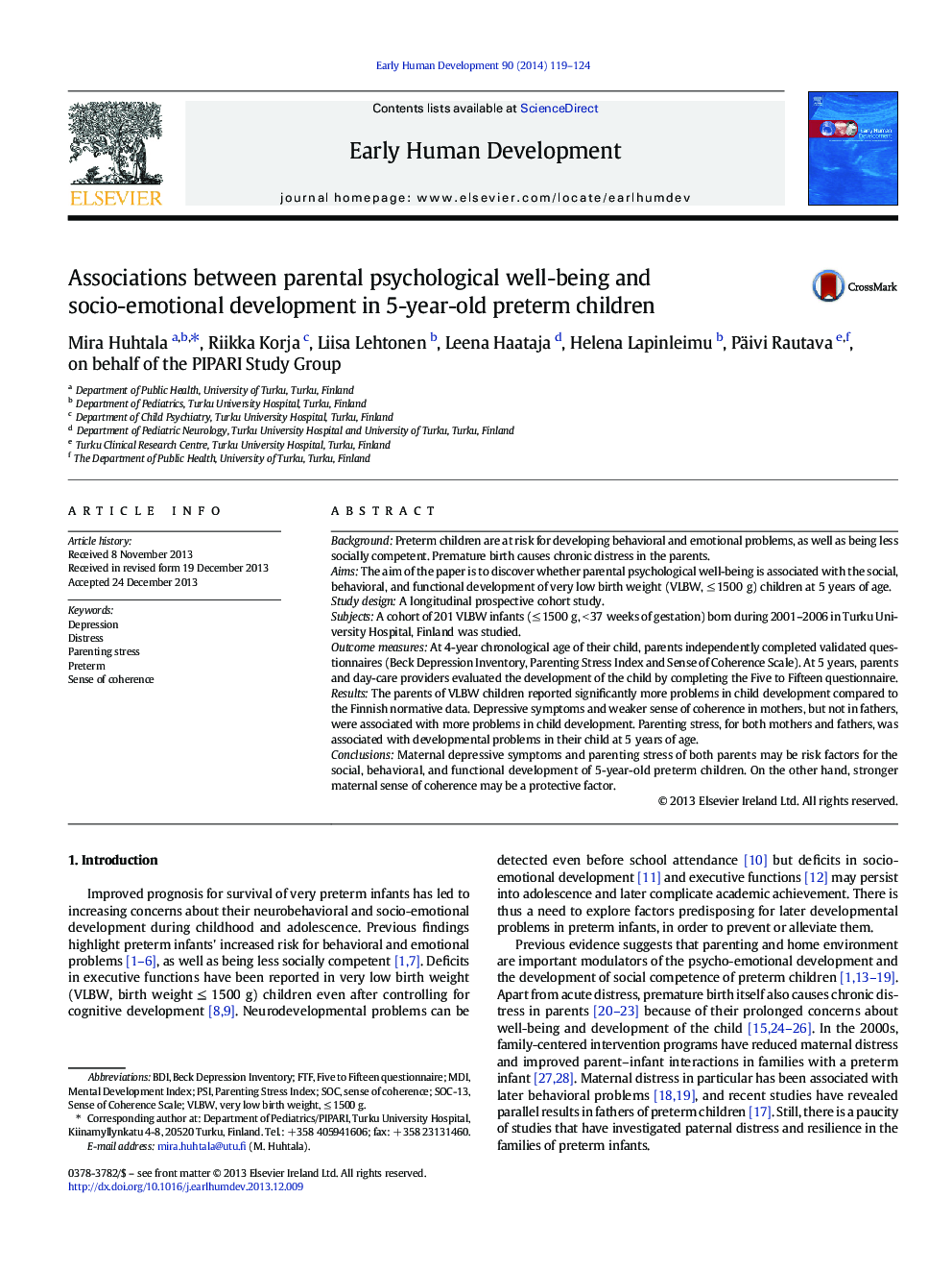 Associations between parental psychological well-being and socio-emotional development in 5-year-old preterm children