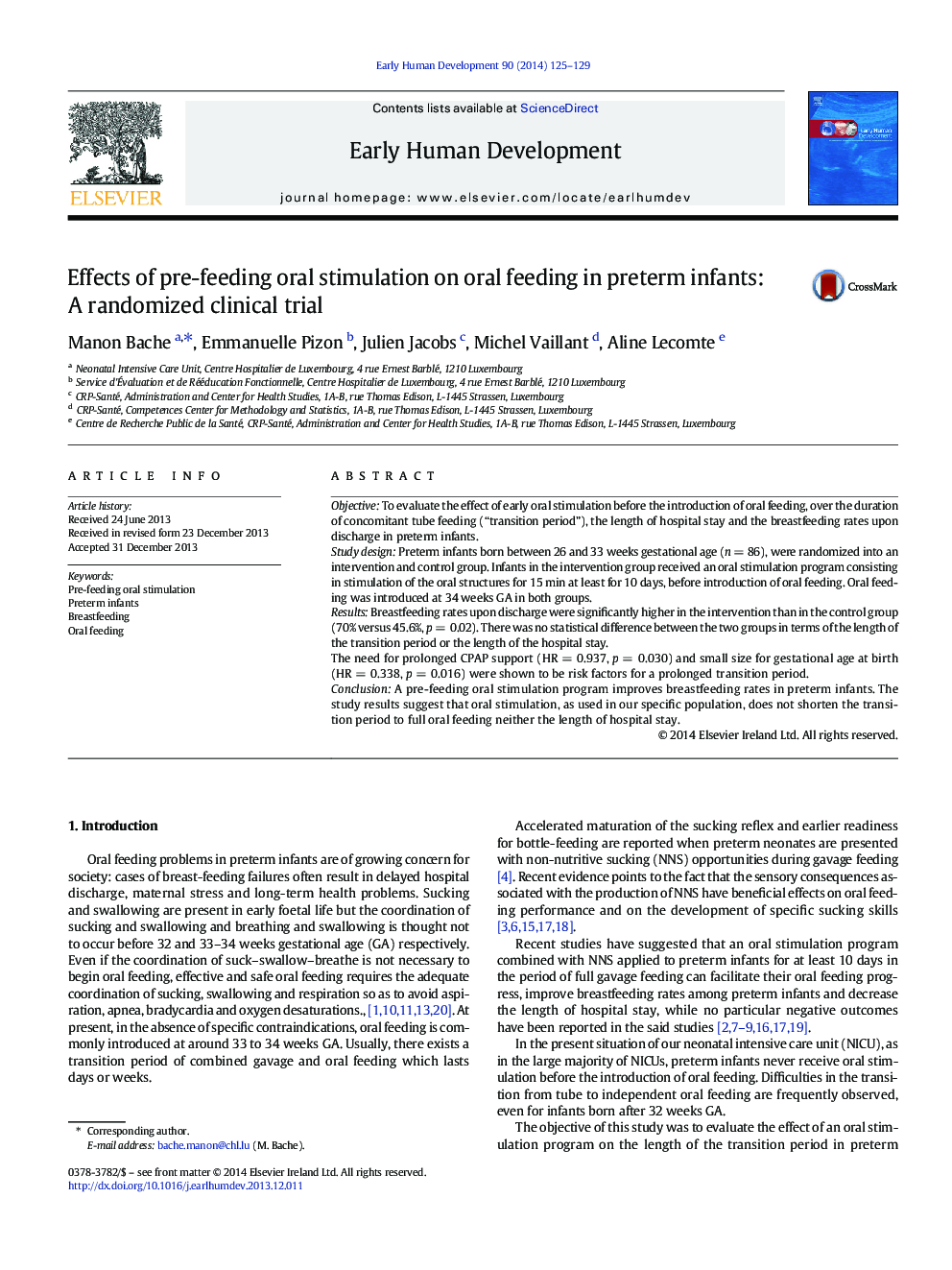 Effects of pre-feeding oral stimulation on oral feeding in preterm infants: A randomized clinical trial