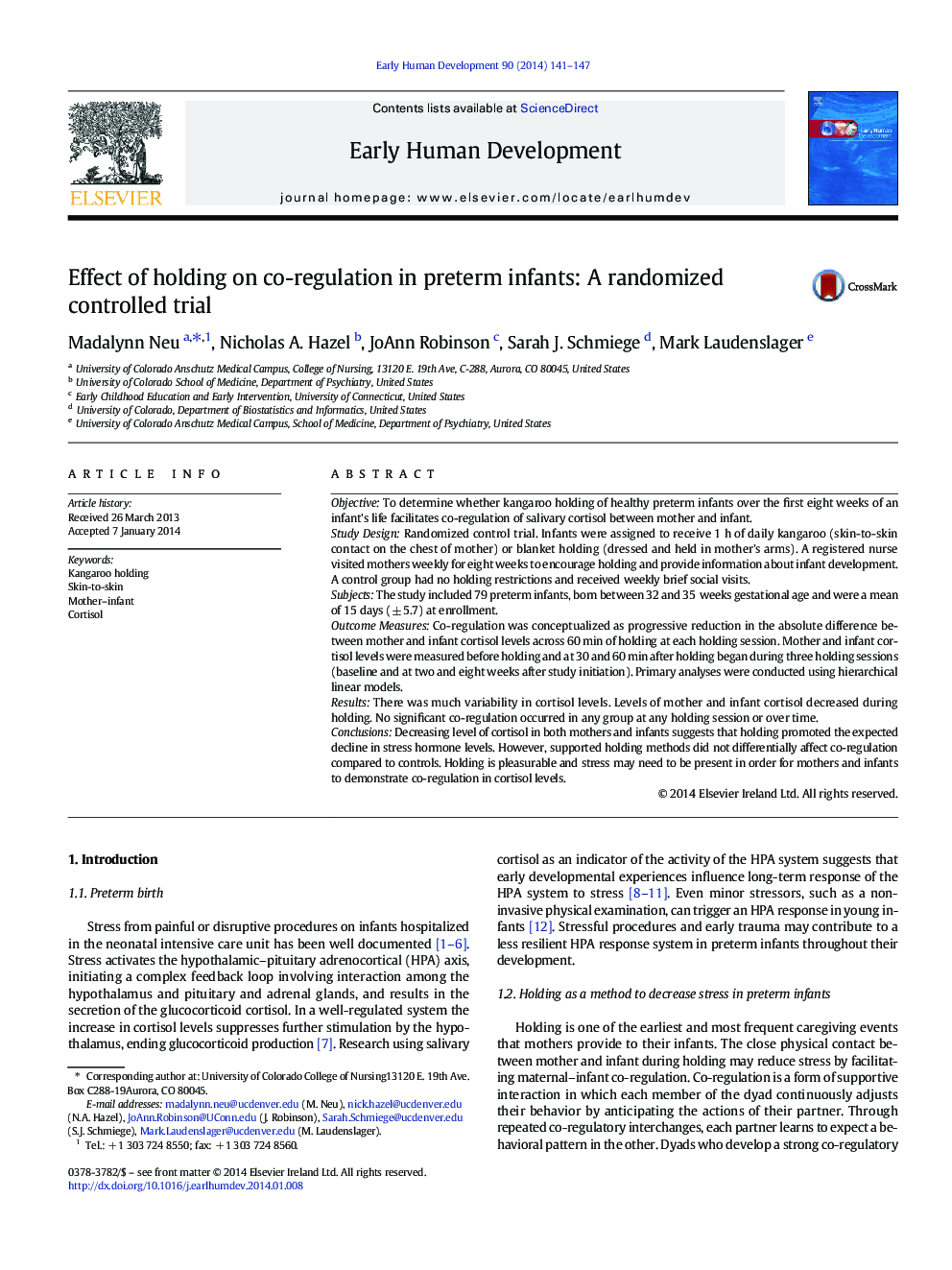 Effect of holding on co-regulation in preterm infants: A randomized controlled trial