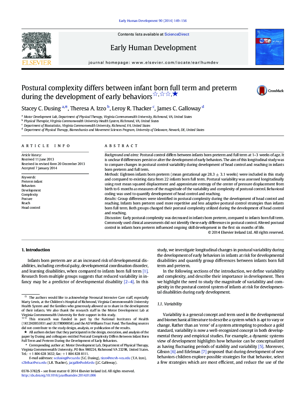 Postural complexity differs between infant born full term and preterm during the development of early behaviors ★