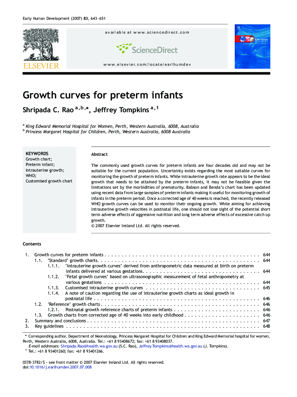 Growth curves for preterm infants