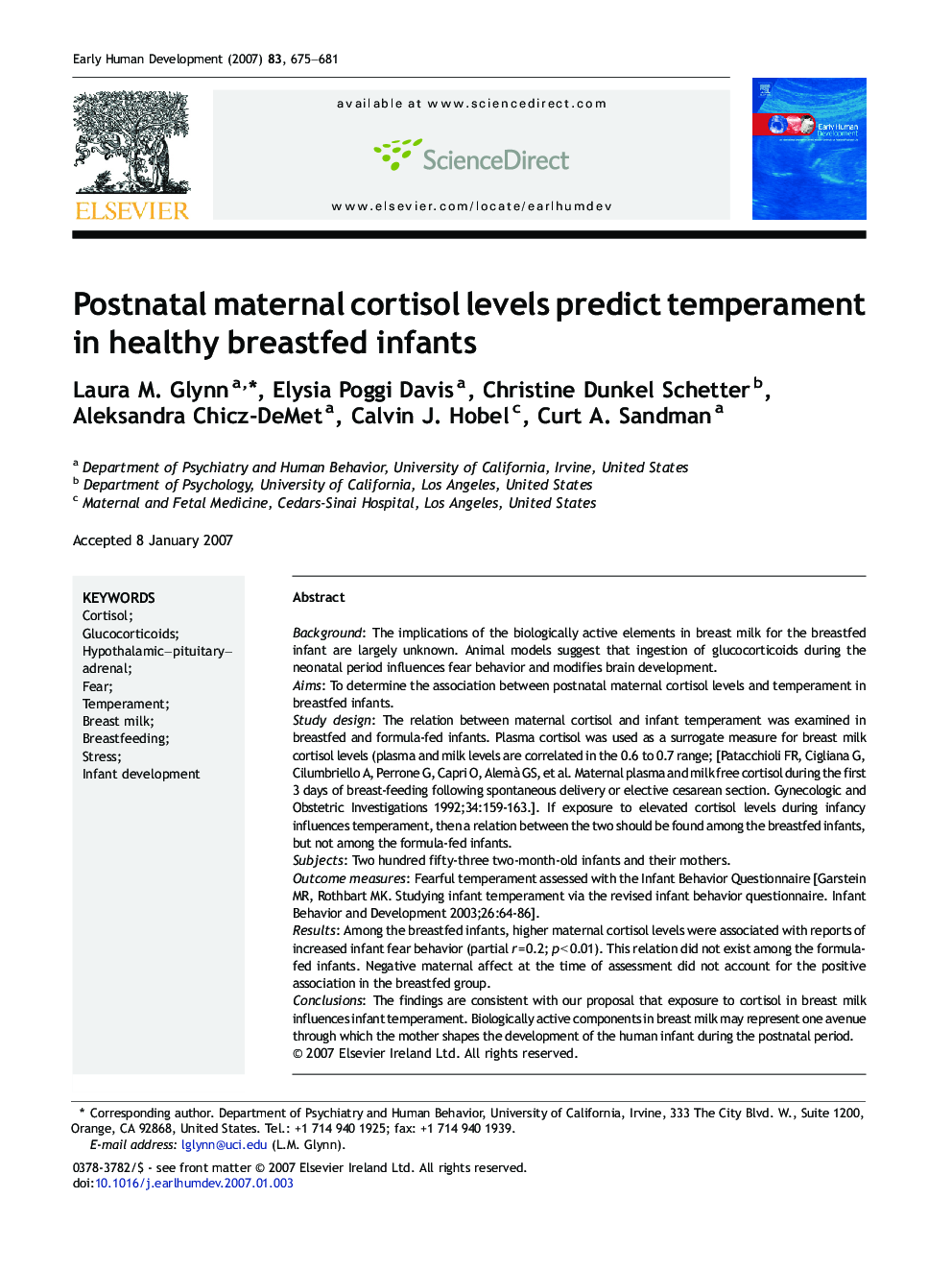 Postnatal maternal cortisol levels predict temperament in healthy breastfed infants