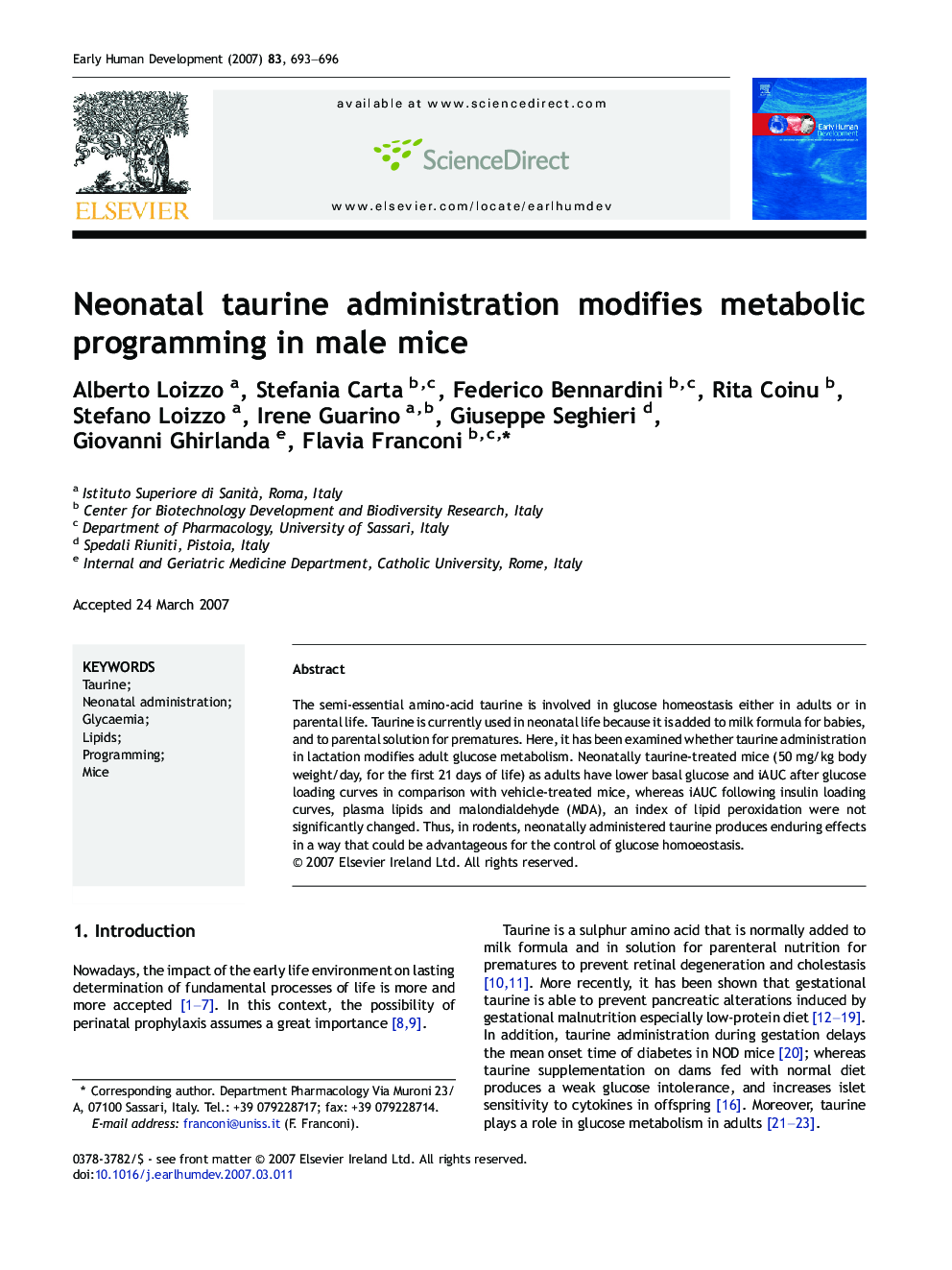 Neonatal taurine administration modifies metabolic programming in male mice