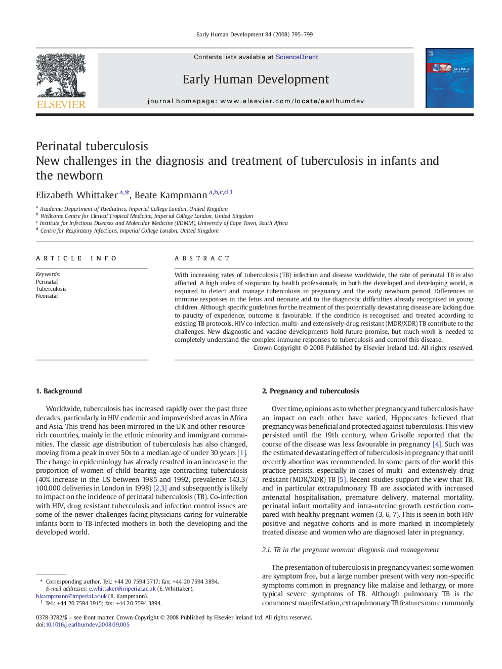 Perinatal tuberculosis: New challenges in the diagnosis and treatment of tuberculosis in infants and the newborn