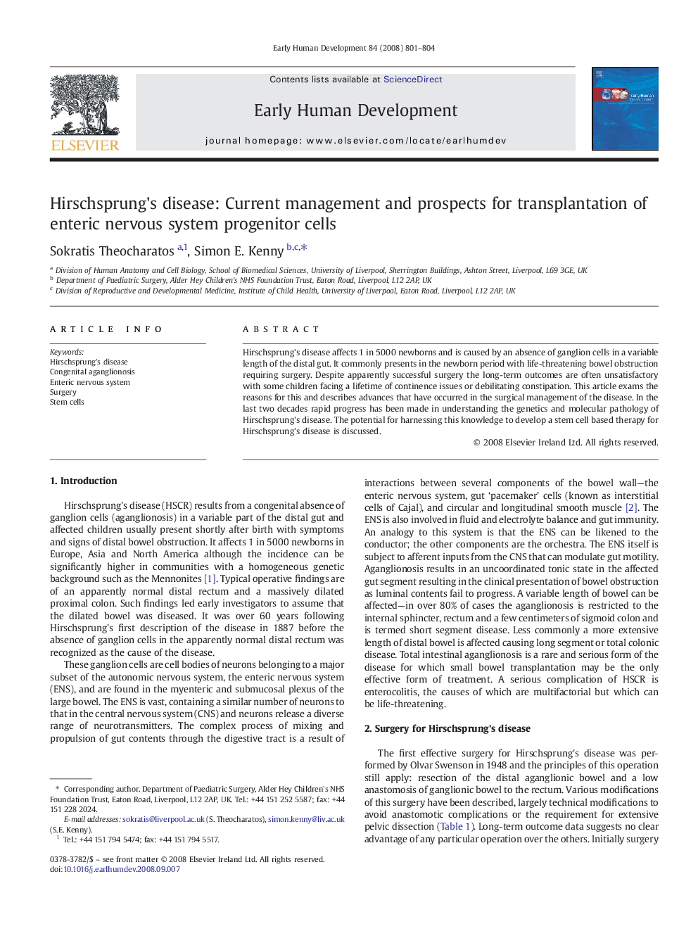 Hirschsprung's disease: Current management and prospects for transplantation of enteric nervous system progenitor cells