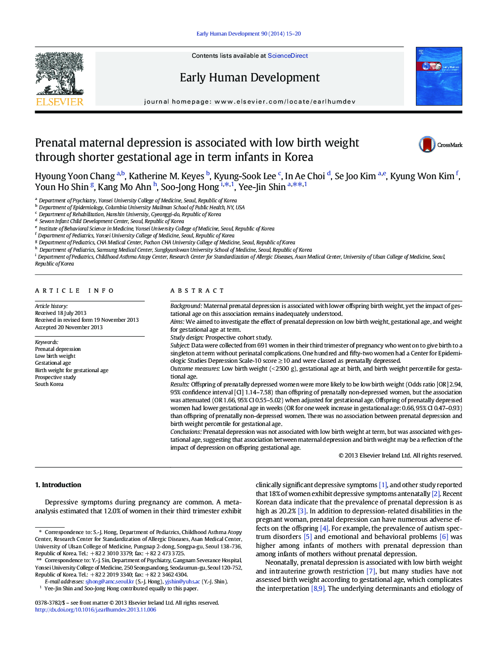 Prenatal maternal depression is associated with low birth weight through shorter gestational age in term infants in Korea