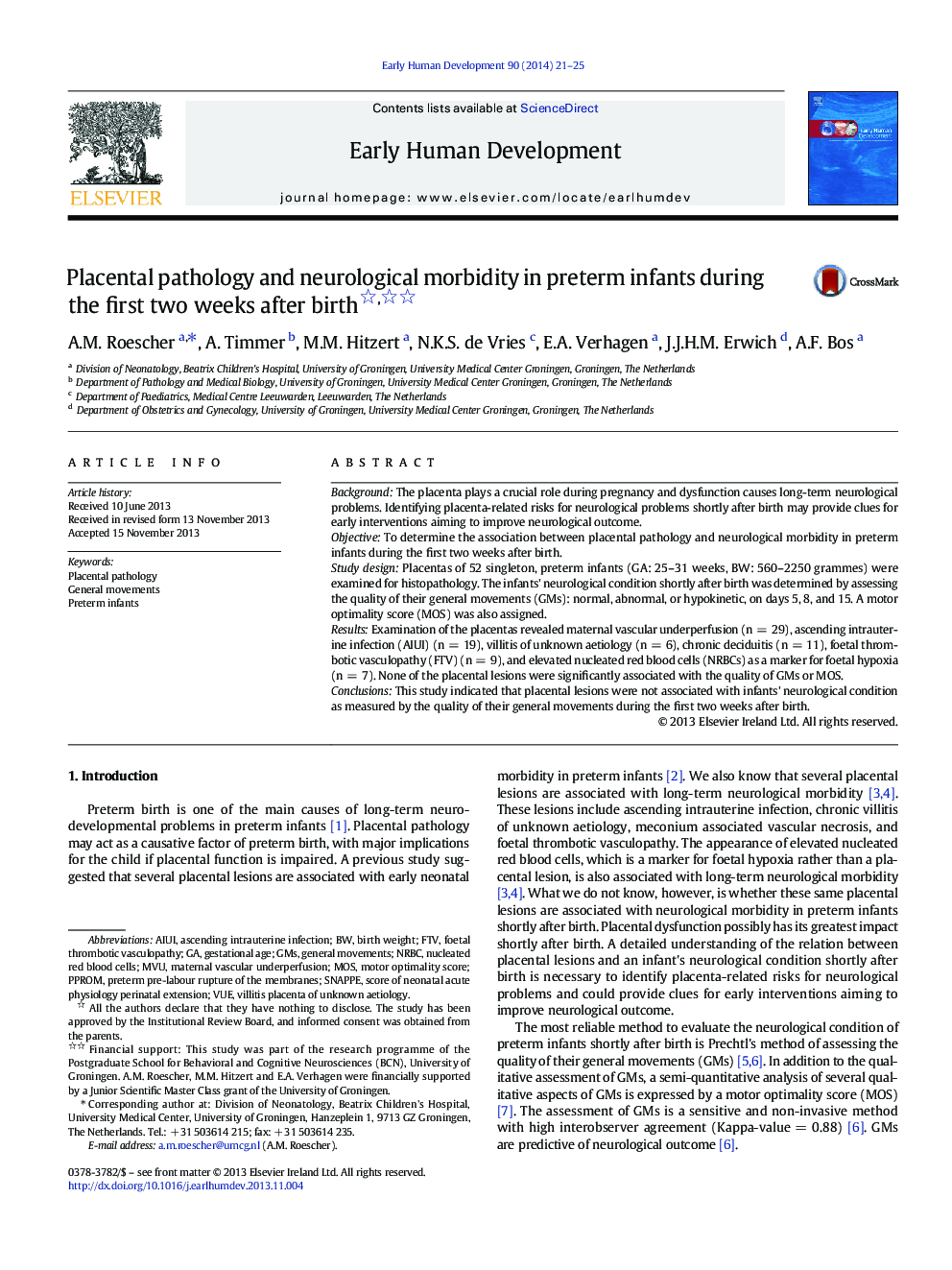 Placental pathology and neurological morbidity in preterm infants during the first two weeks after birth 