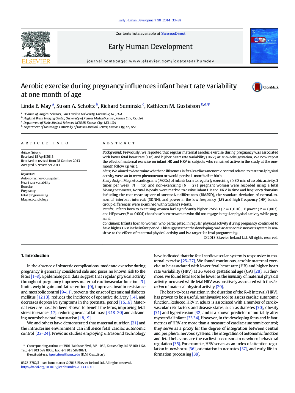 Aerobic exercise during pregnancy influences infant heart rate variability at one month of age