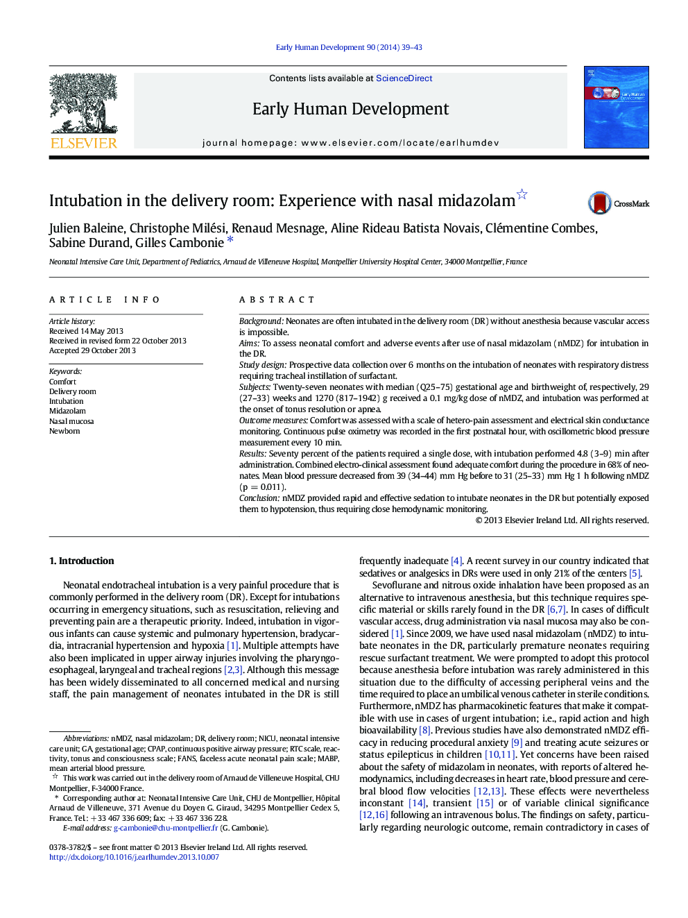 Intubation in the delivery room: Experience with nasal midazolam 