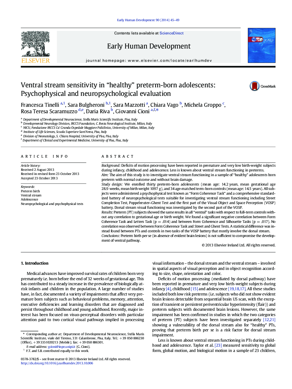 Ventral stream sensitivity in “healthy” preterm-born adolescents: Psychophysical and neuropsychological evaluation