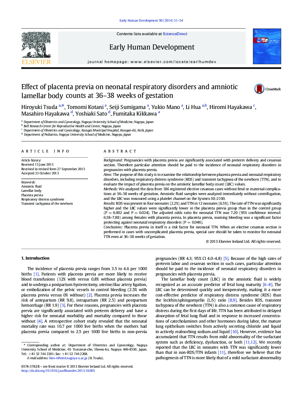 Effect of placenta previa on neonatal respiratory disorders and amniotic lamellar body counts at 36–38 weeks of gestation