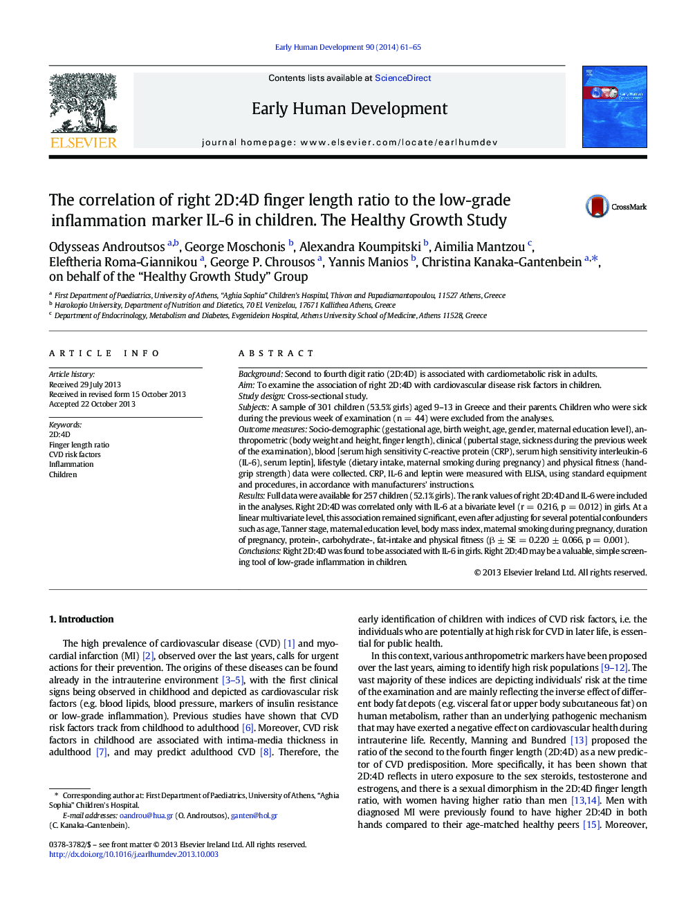 The correlation of right 2D:4D finger length ratio to the low-grade inflammation marker IL-6 in children. The Healthy Growth Study