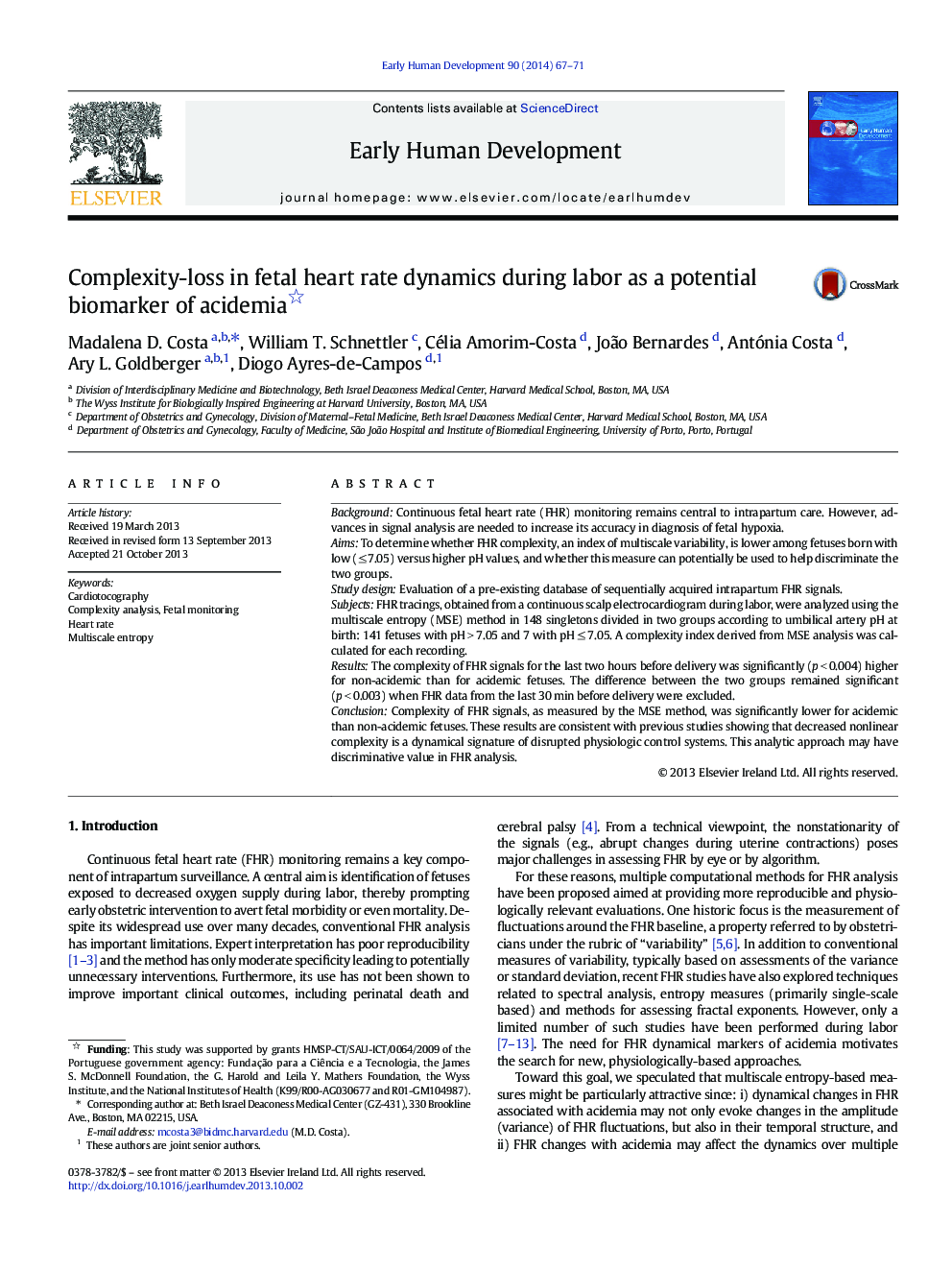 Complexity-loss in fetal heart rate dynamics during labor as a potential biomarker of acidemia 