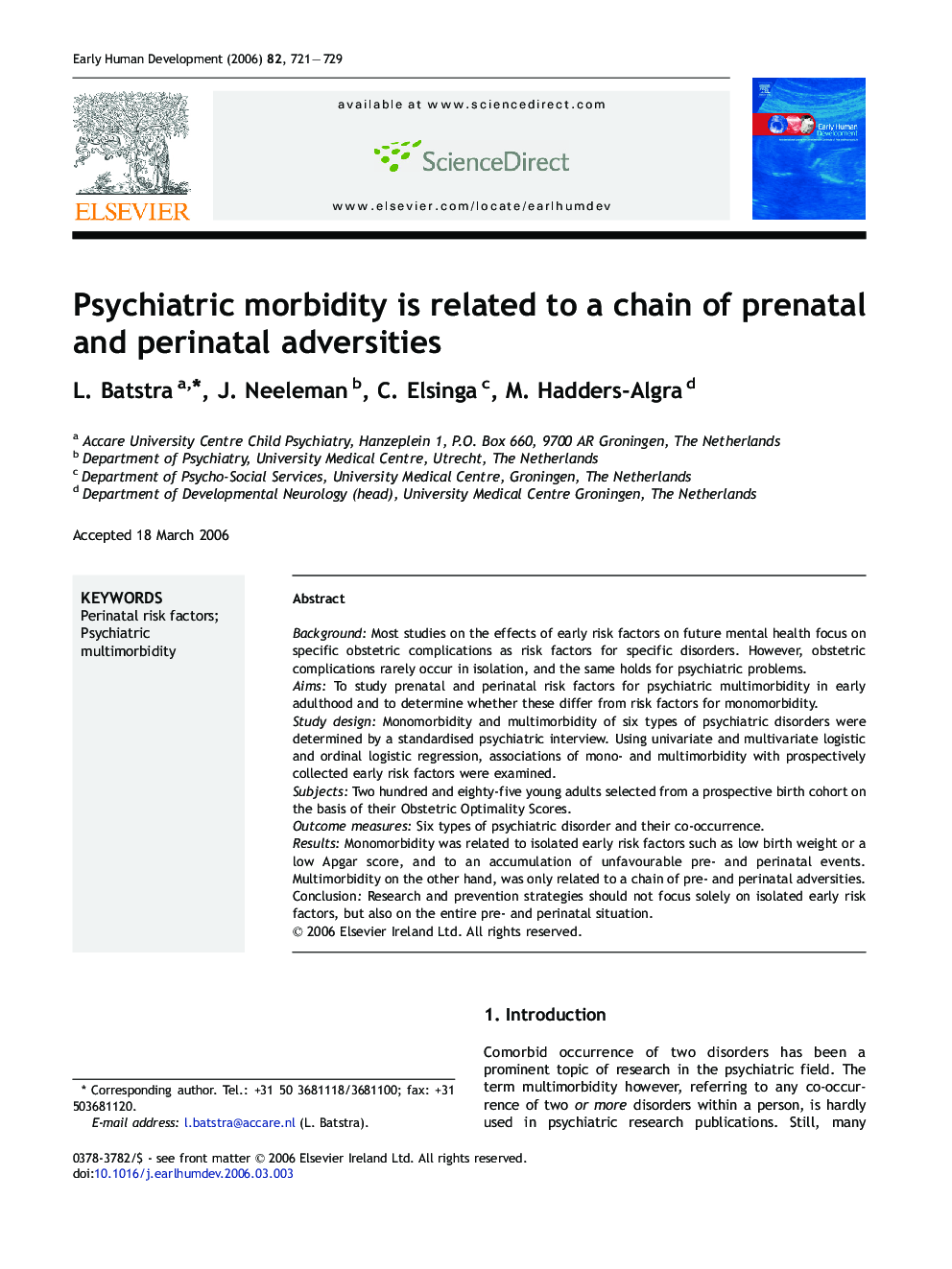 Psychiatric morbidity is related to a chain of prenatal and perinatal adversities