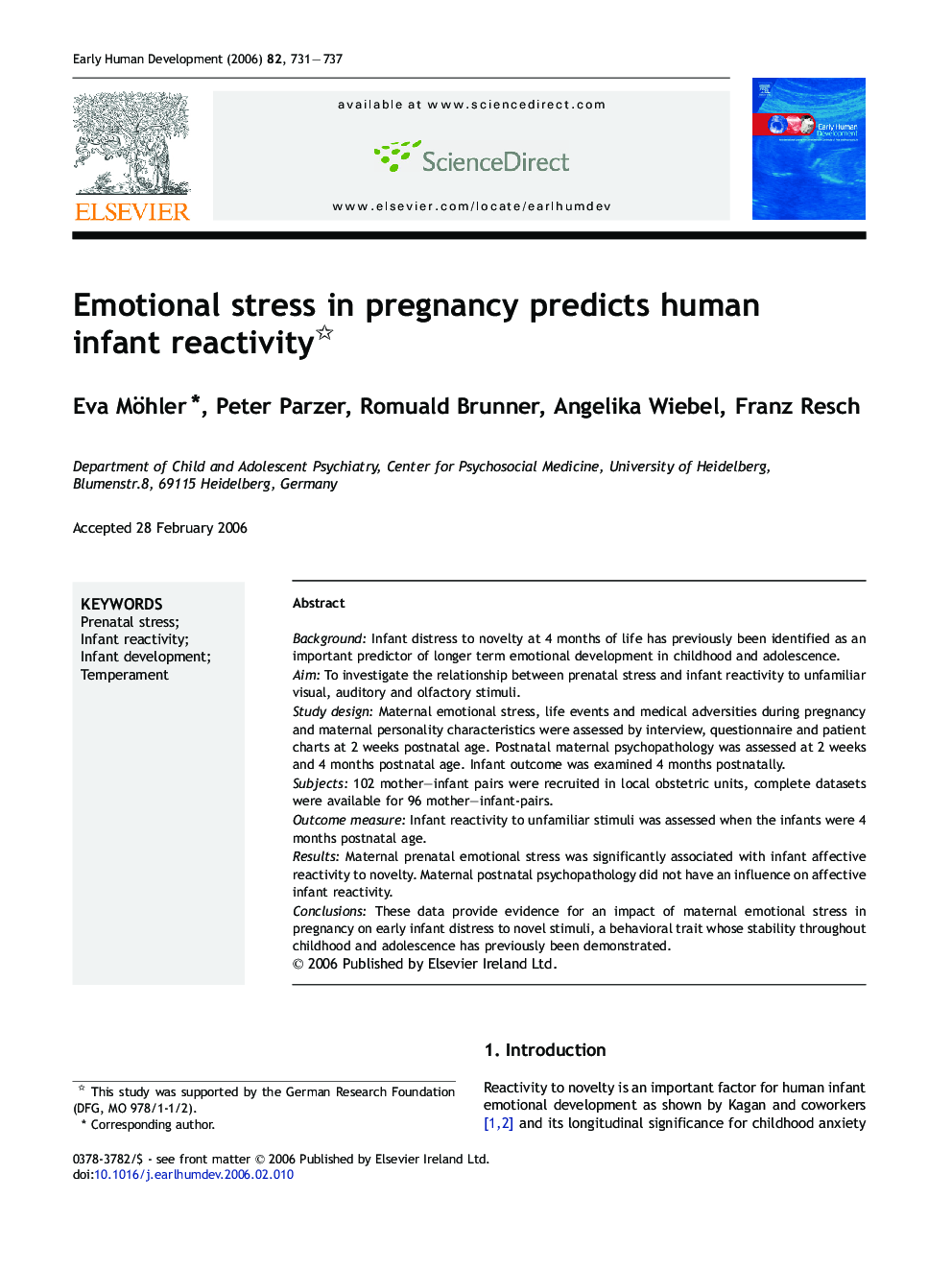 Emotional stress in pregnancy predicts human infant reactivity 