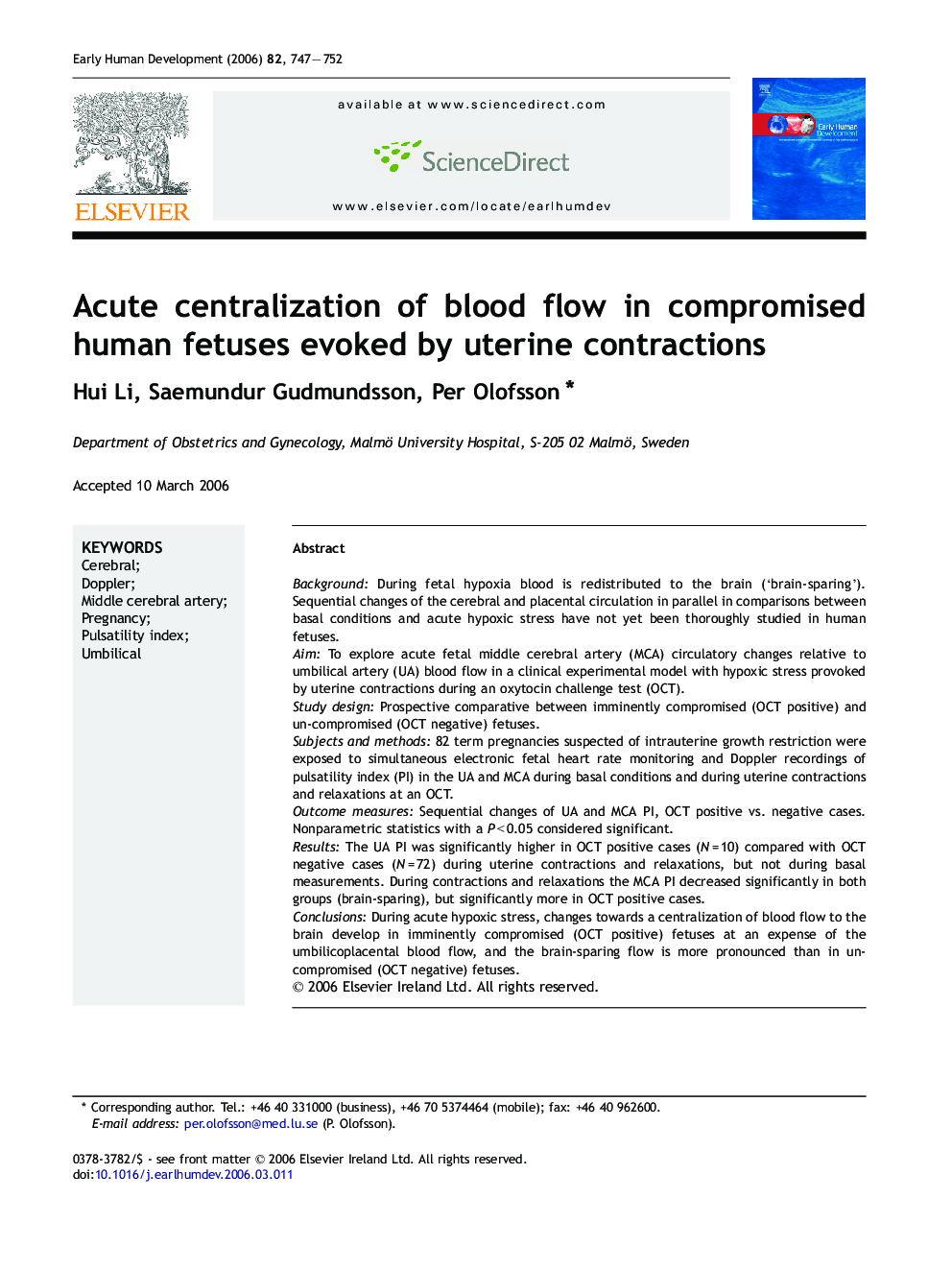 Acute centralization of blood flow in compromised human fetuses evoked by uterine contractions