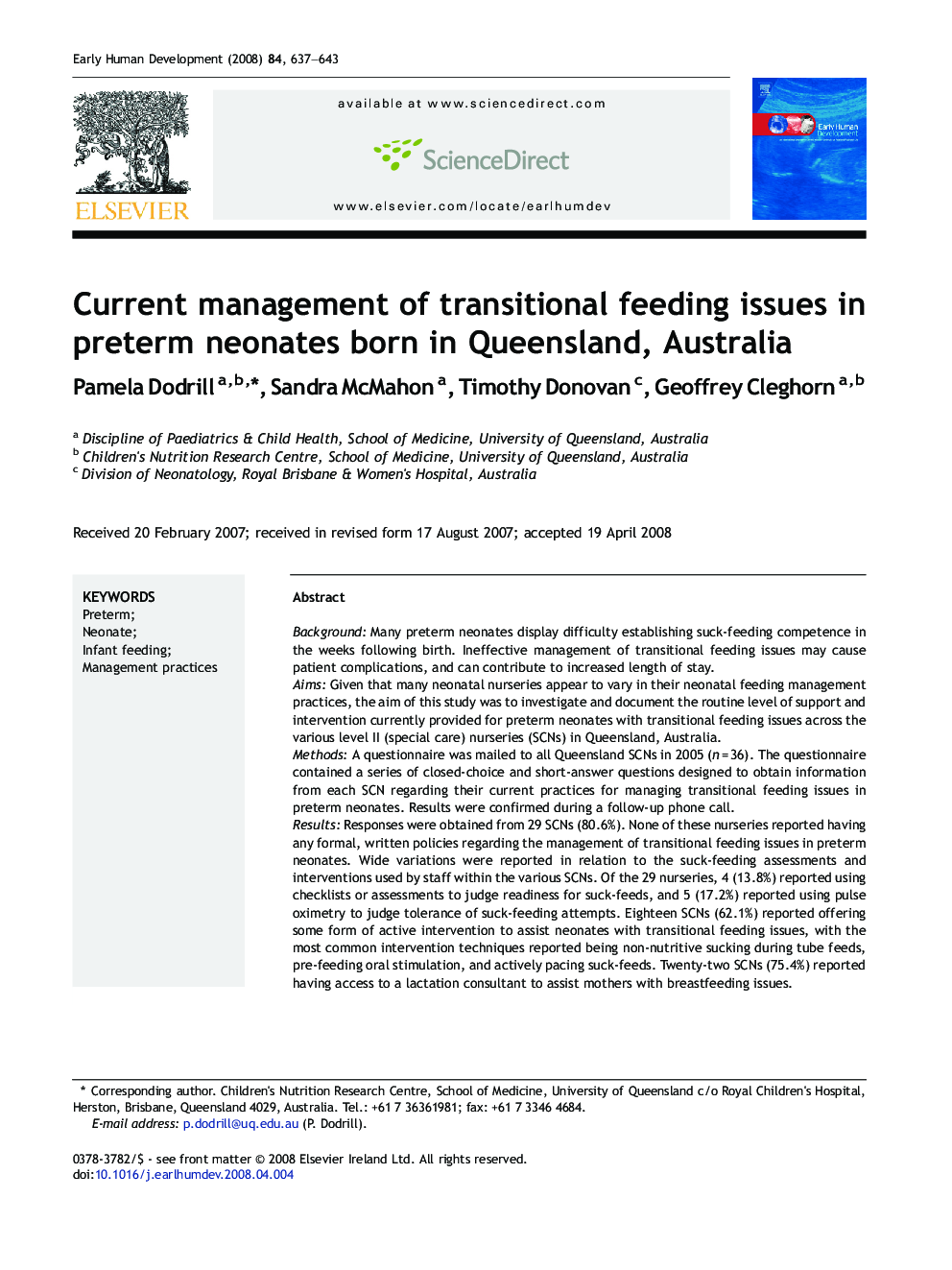 Current management of transitional feeding issues in preterm neonates born in Queensland, Australia