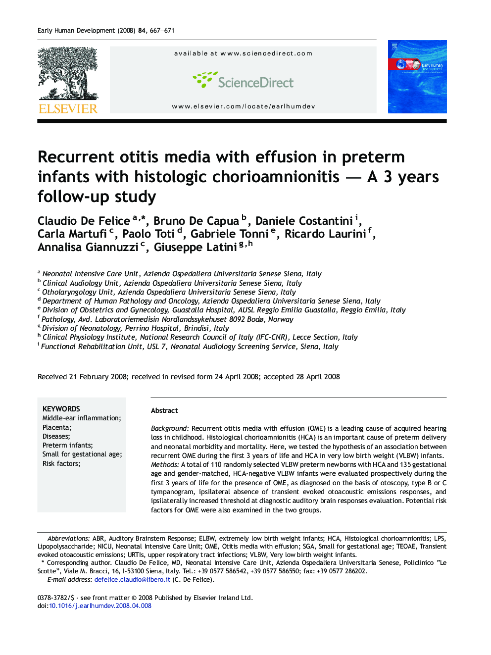 Recurrent otitis media with effusion in preterm infants with histologic chorioamnionitis — A 3 years follow-up study