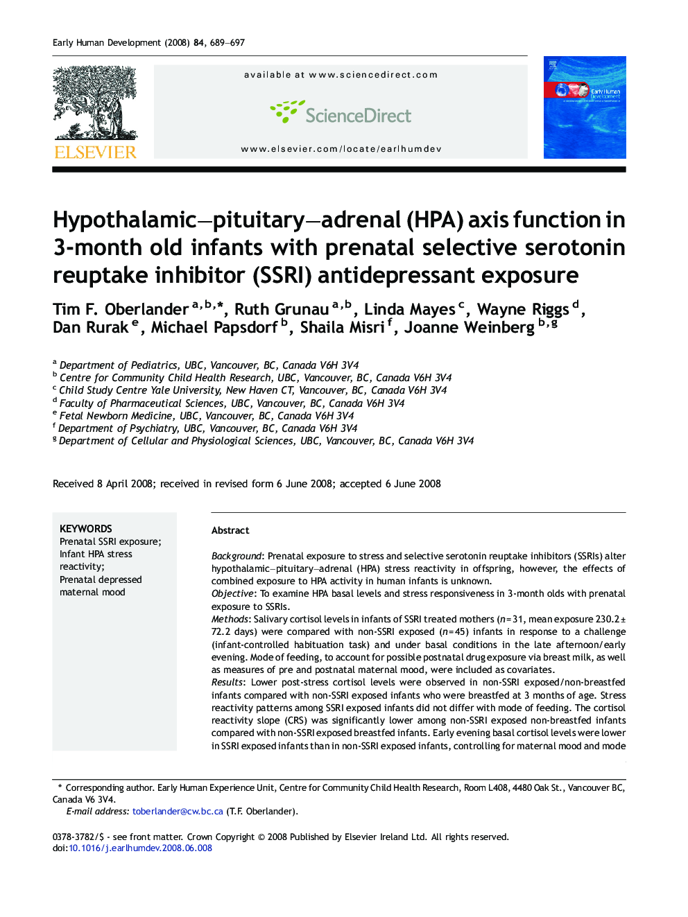 Hypothalamic–pituitary–adrenal (HPA) axis function in 3-month old infants with prenatal selective serotonin reuptake inhibitor (SSRI) antidepressant exposure