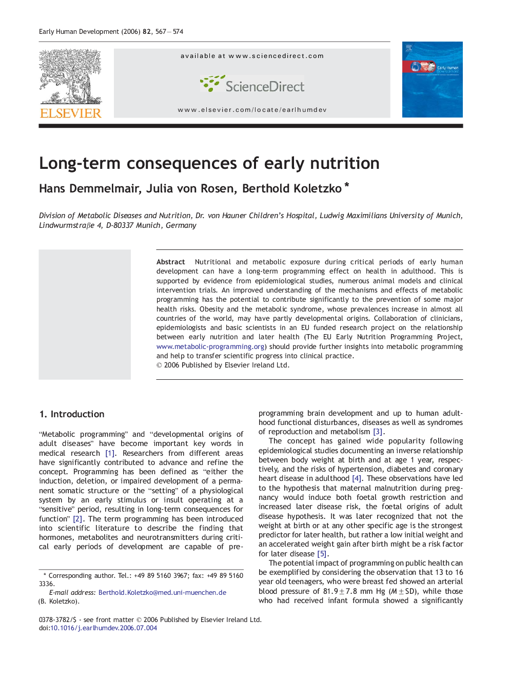 Long-term consequences of early nutrition