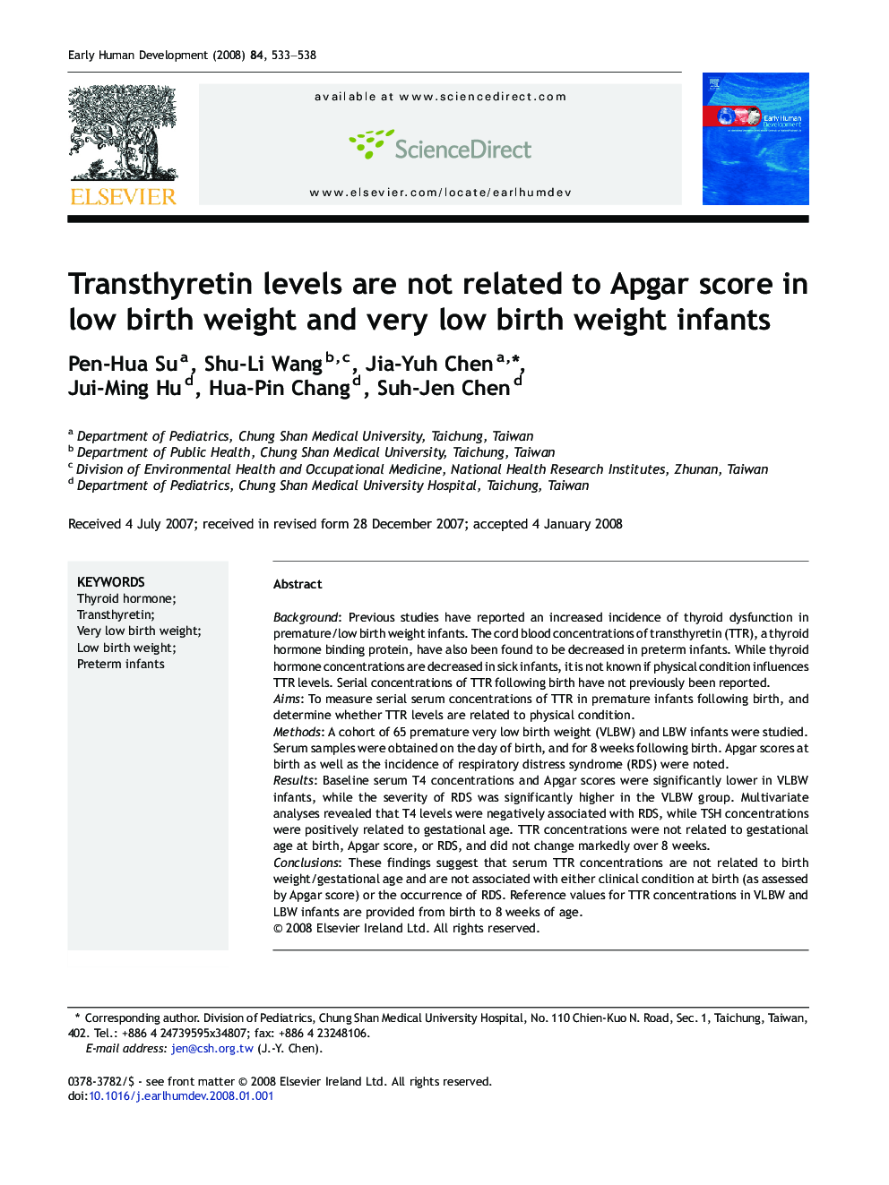 Transthyretin levels are not related to Apgar score in low birth weight and very low birth weight infants