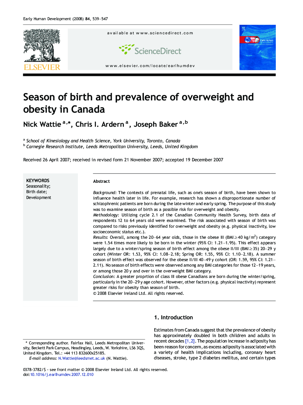 Season of birth and prevalence of overweight and obesity in Canada