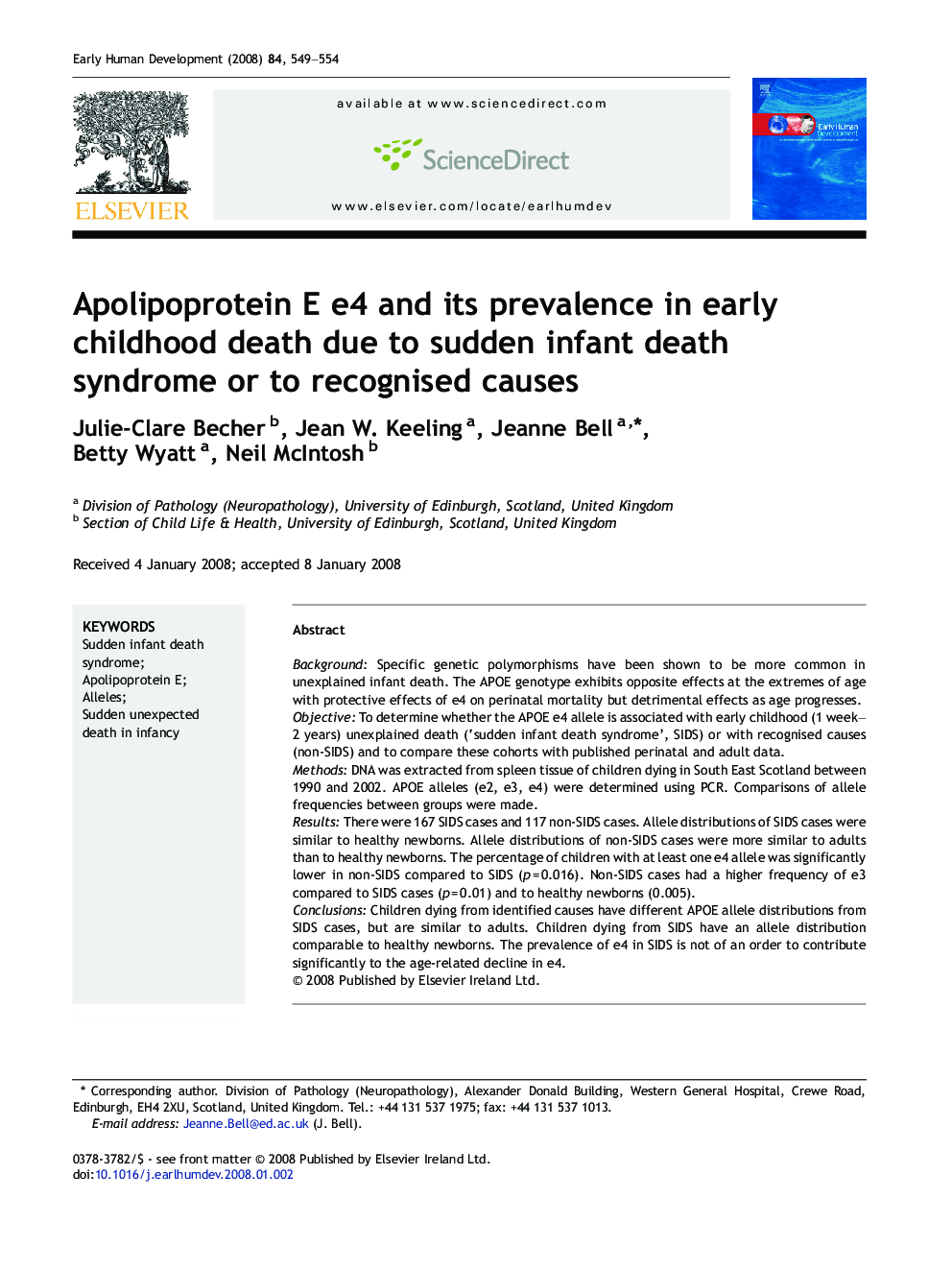 Apolipoprotein E e4 and its prevalence in early childhood death due to sudden infant death syndrome or to recognised causes