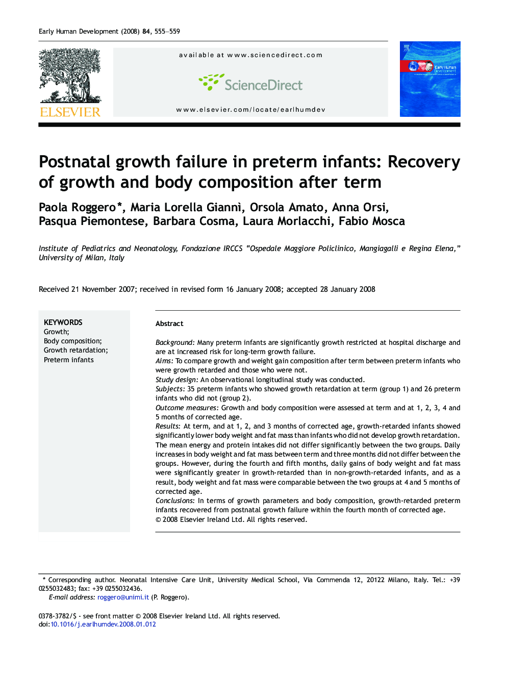 Postnatal growth failure in preterm infants: Recovery of growth and body composition after term