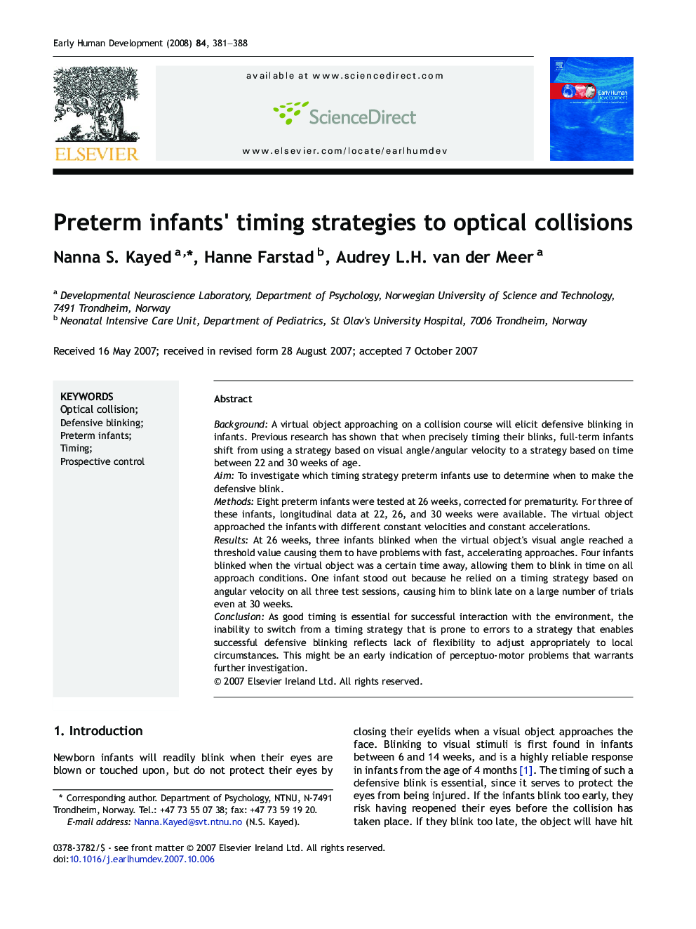 Preterm infants' timing strategies to optical collisions