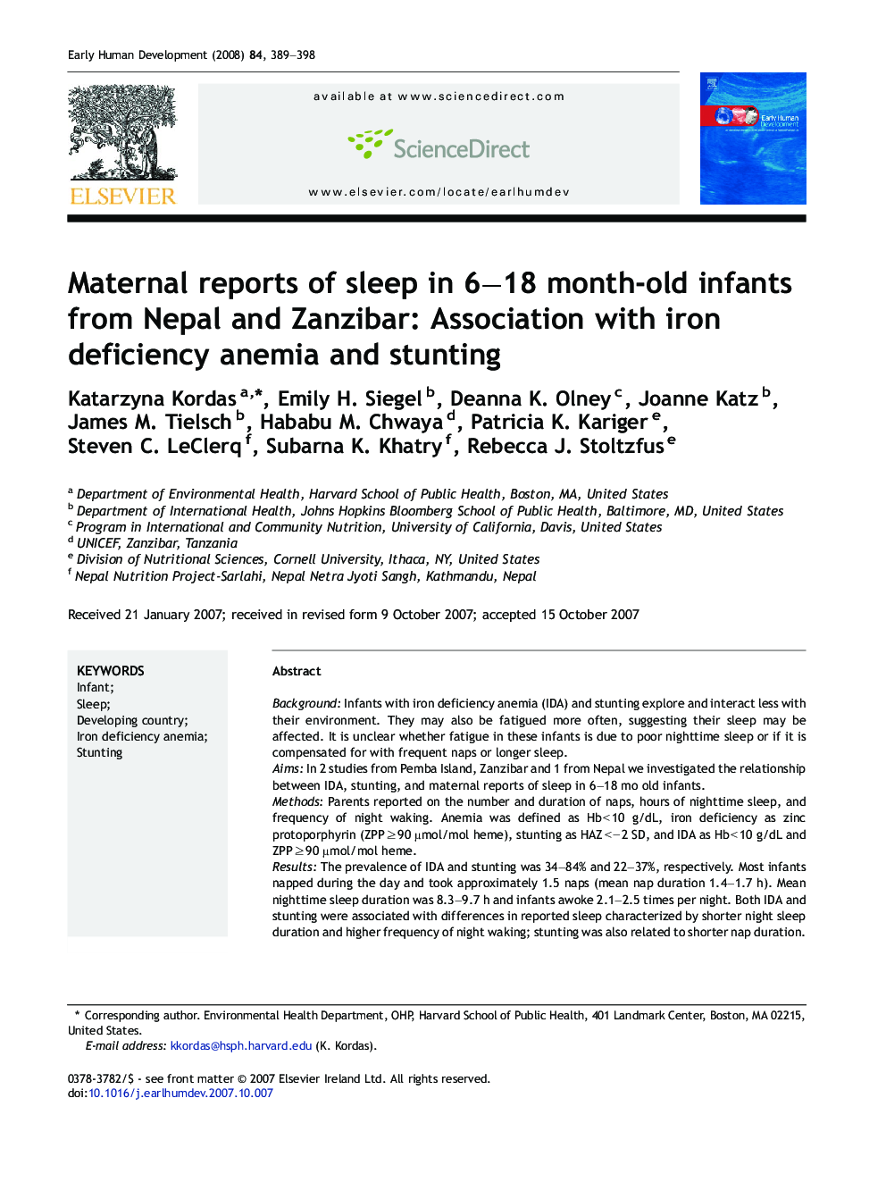 Maternal reports of sleep in 6–18 month-old infants from Nepal and Zanzibar: Association with iron deficiency anemia and stunting