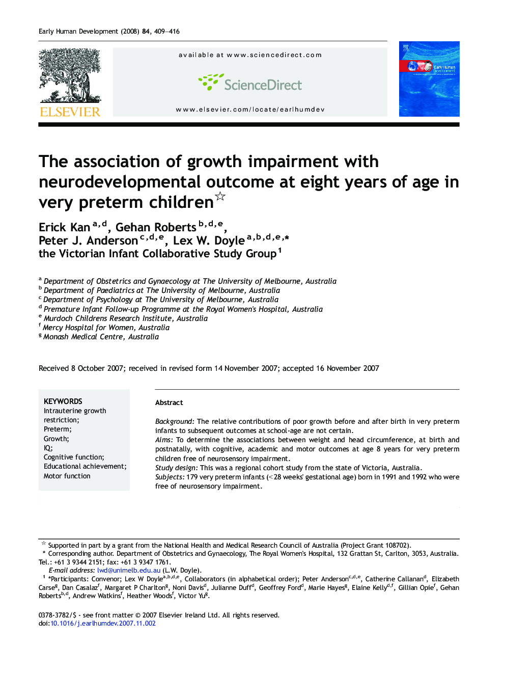 The association of growth impairment with neurodevelopmental outcome at eight years of age in very preterm children 