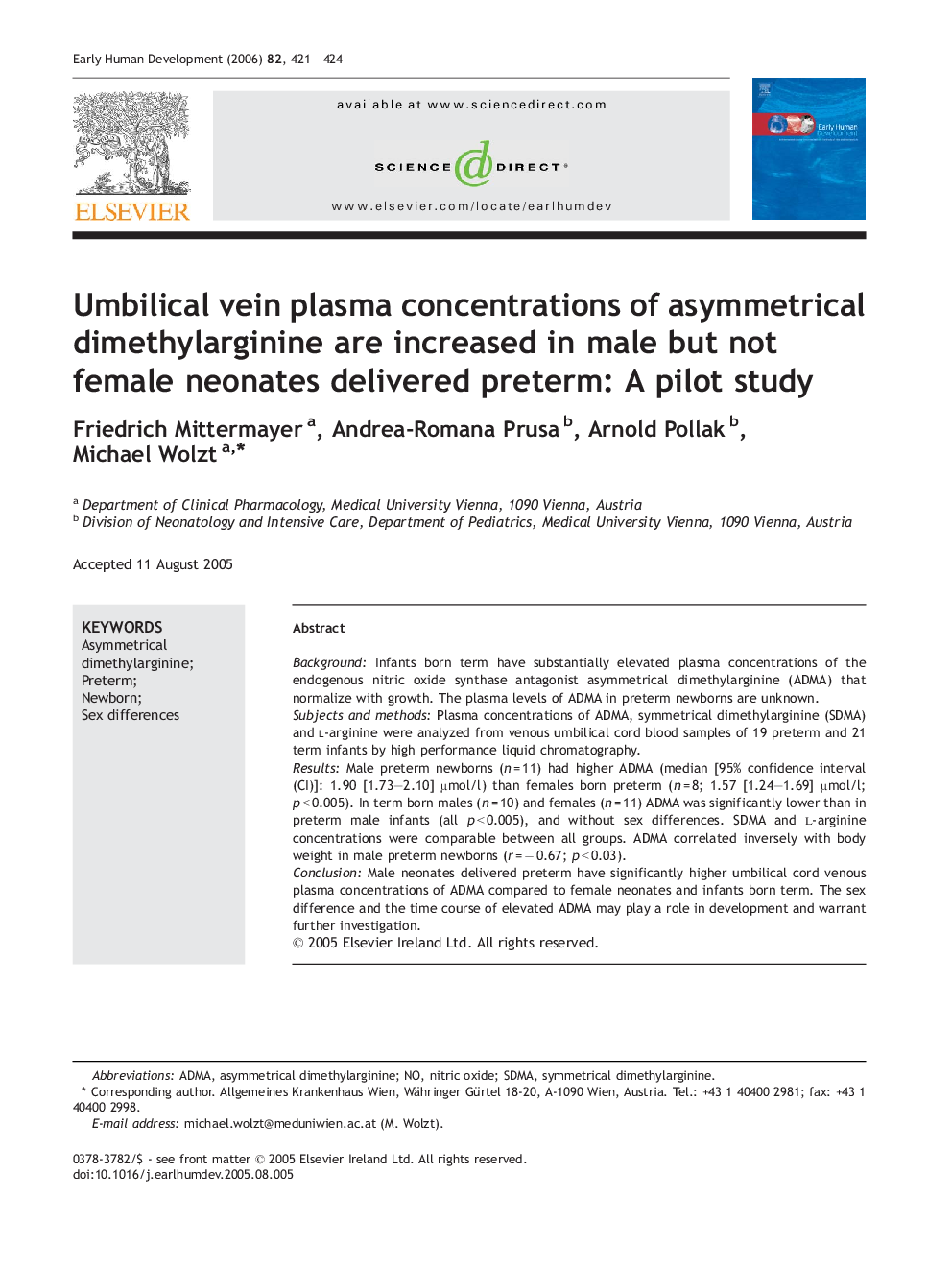 Umbilical vein plasma concentrations of asymmetrical dimethylarginine are increased in male but not female neonates delivered preterm: A pilot study