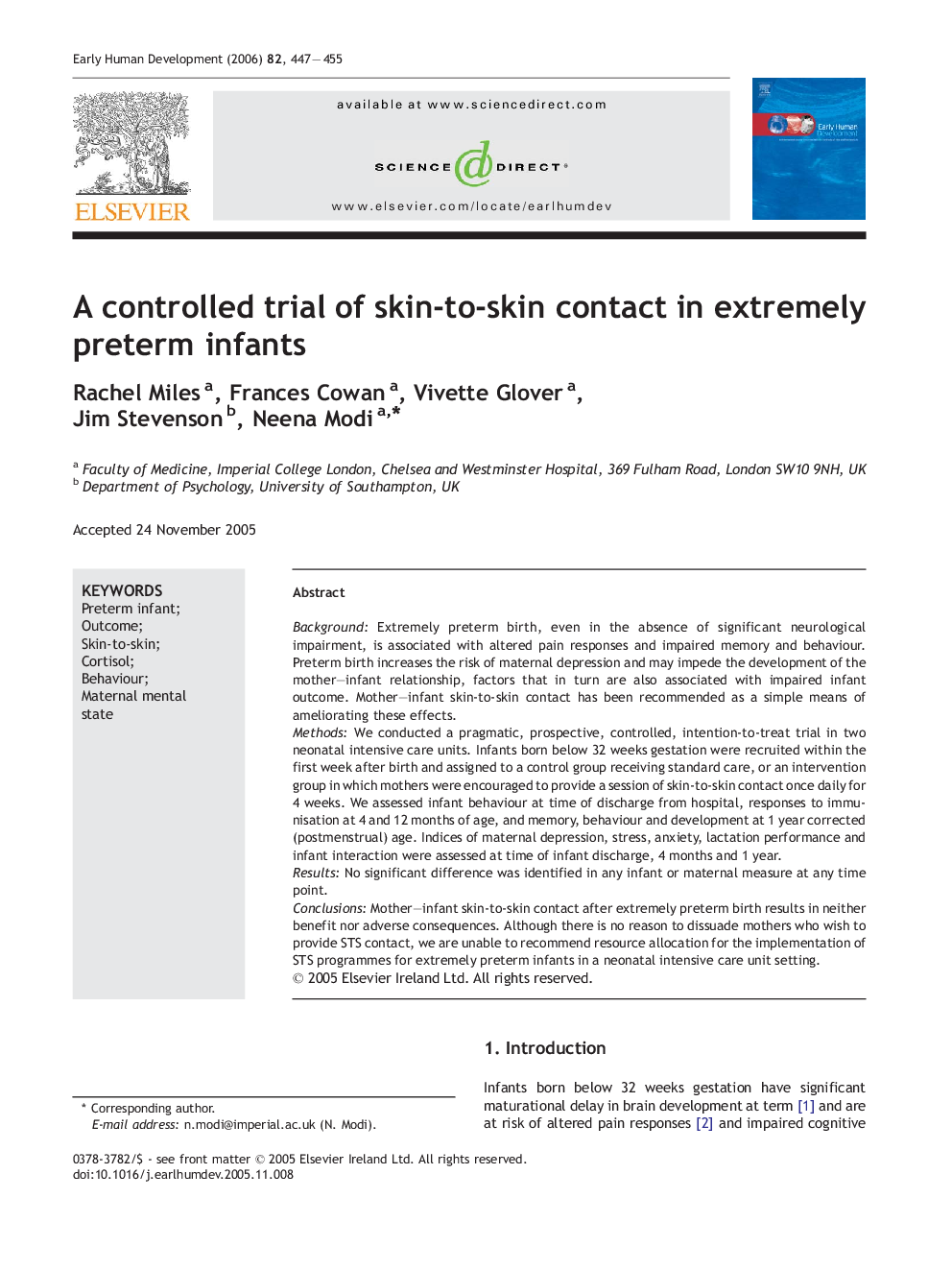 A controlled trial of skin-to-skin contact in extremely preterm infants