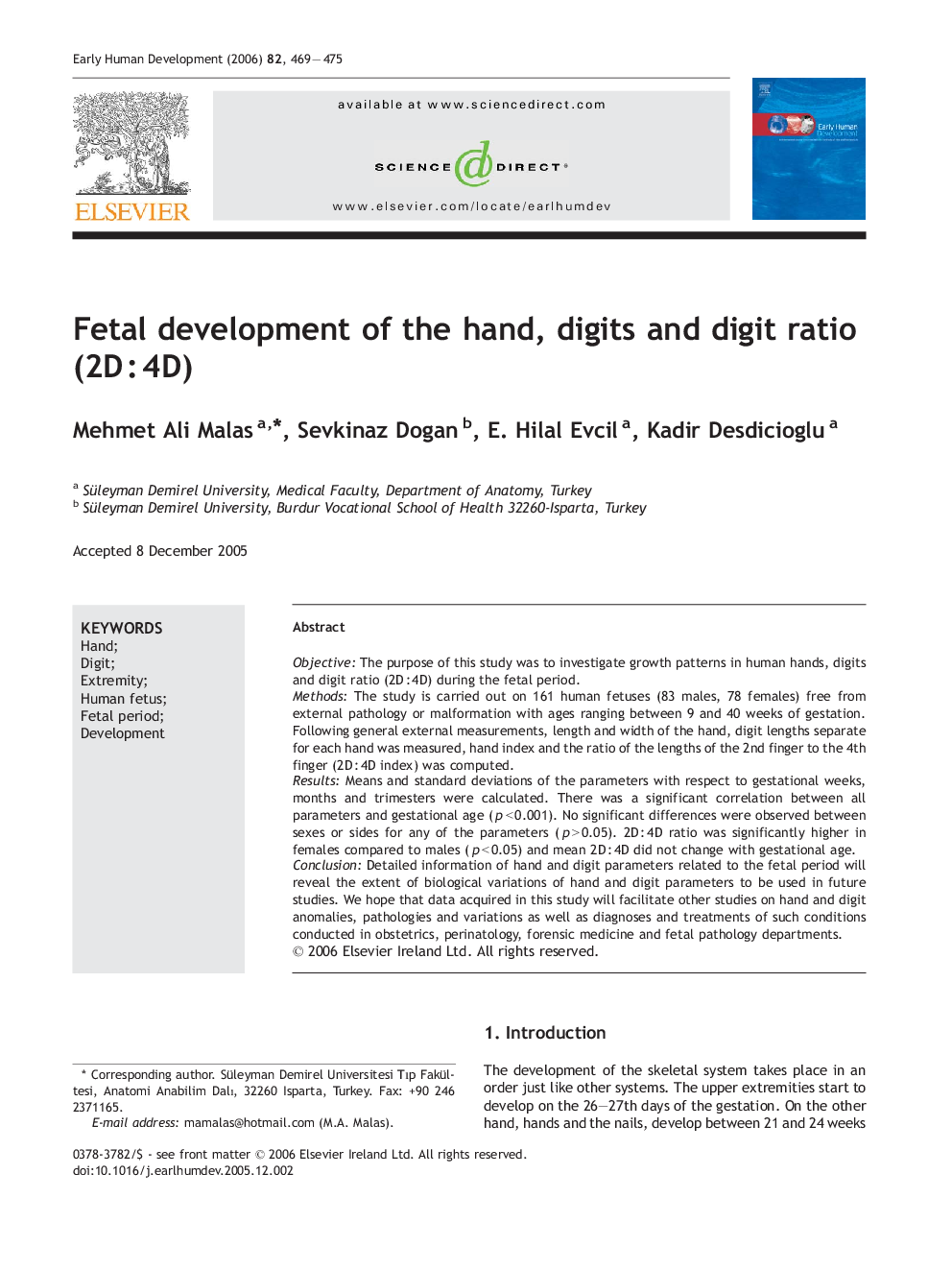 Fetal development of the hand, digits and digit ratio (2D : 4D)