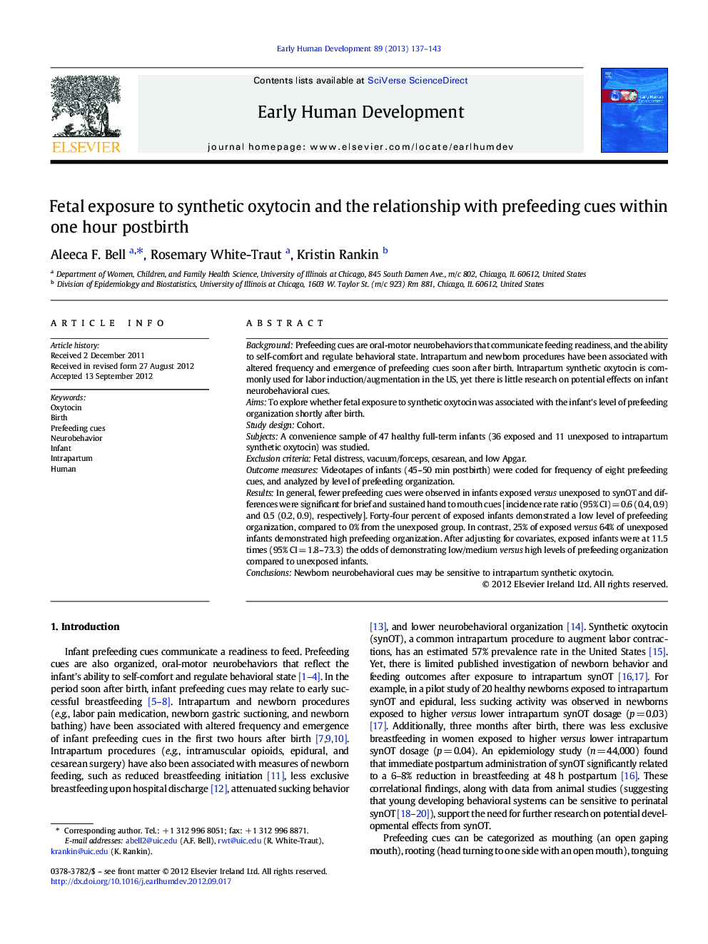 Fetal exposure to synthetic oxytocin and the relationship with prefeeding cues within one hour postbirth