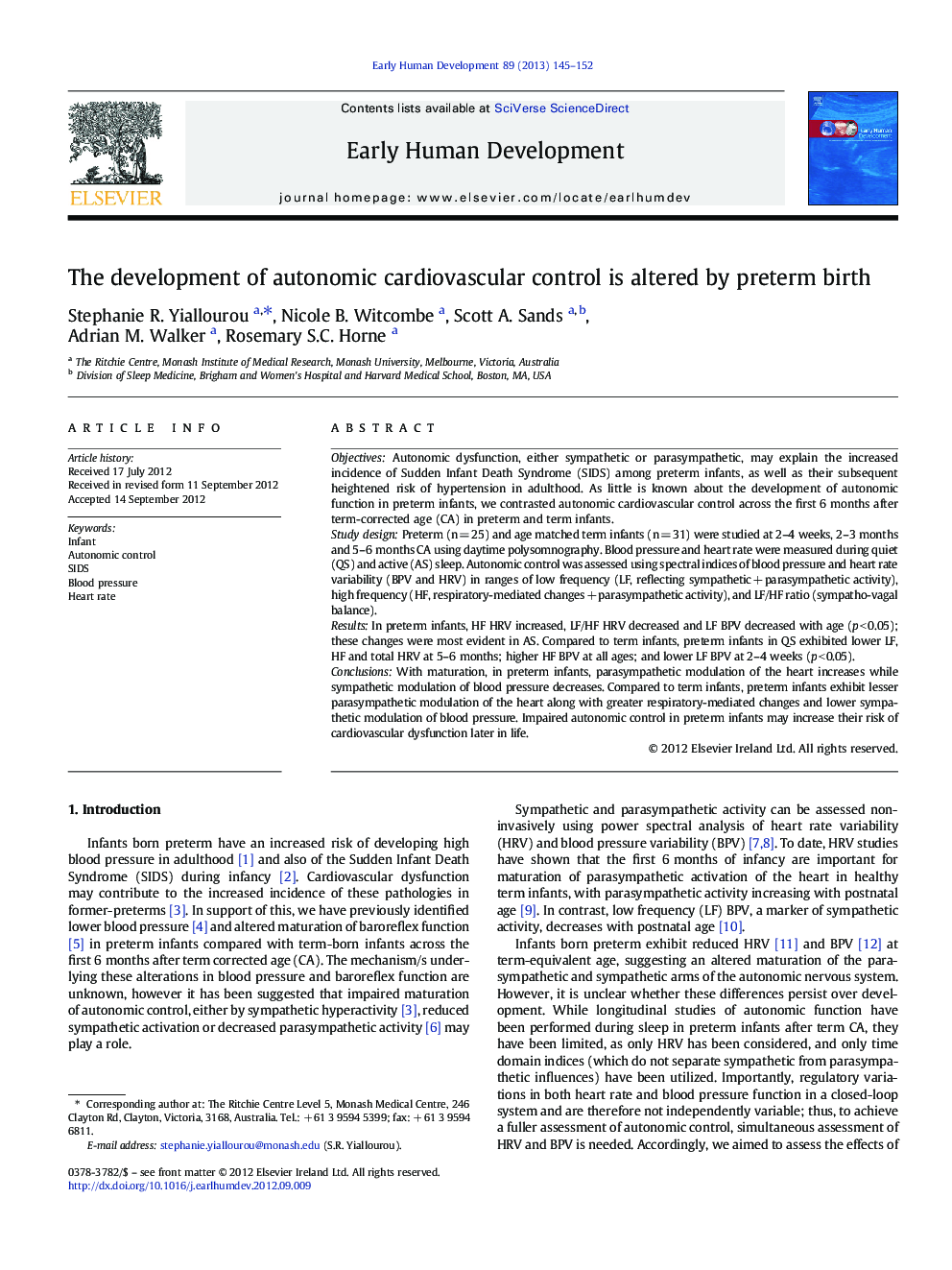 The development of autonomic cardiovascular control is altered by preterm birth